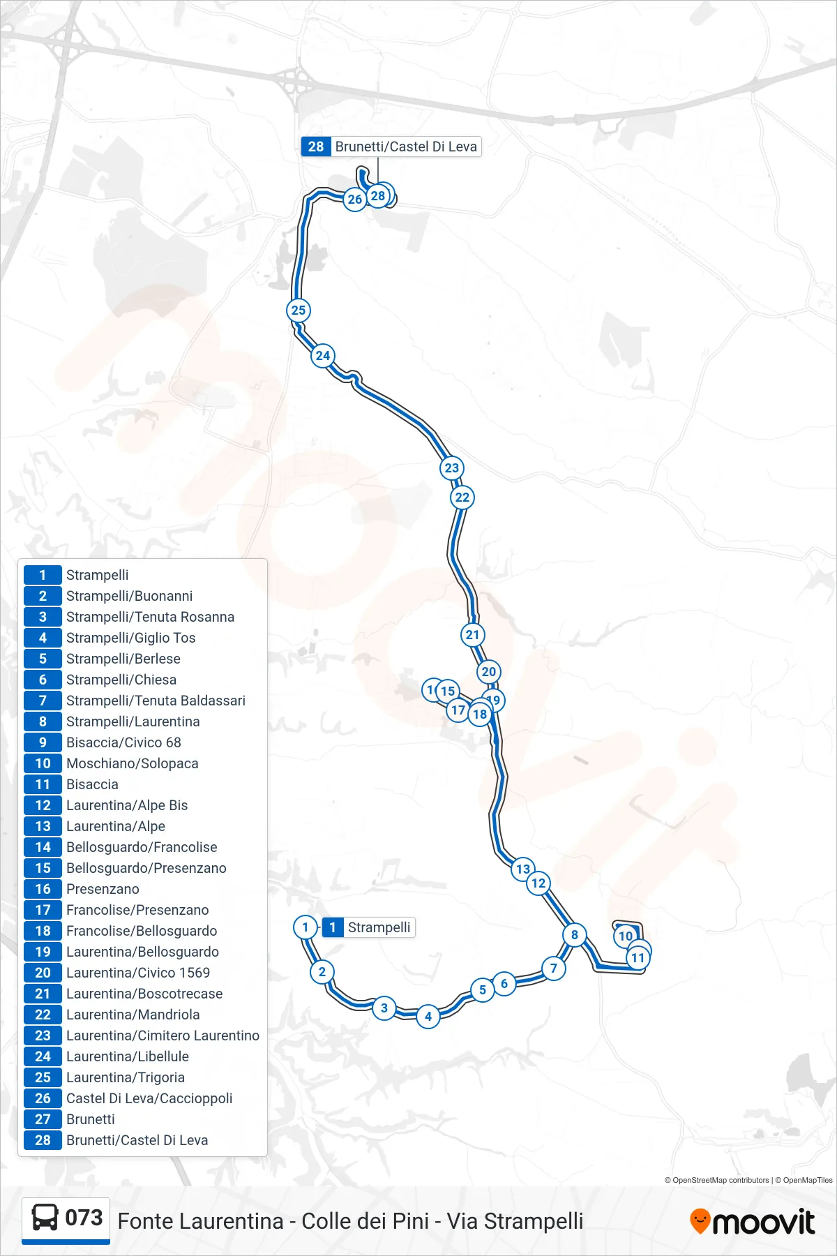 Linea 073 bus (Brunetti/Castel Di Leva) - Percorsi e fermate sulla mappa