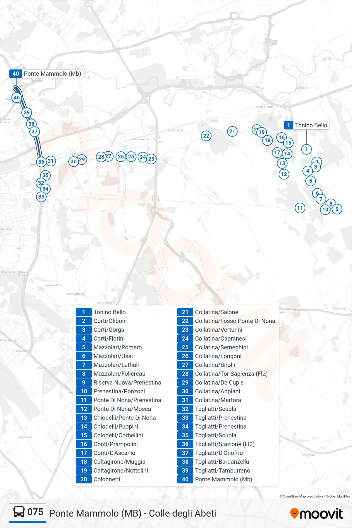 Linea 075 bus (Ponte Mammolo (Mb)) - Percorsi e fermate sulla mappa