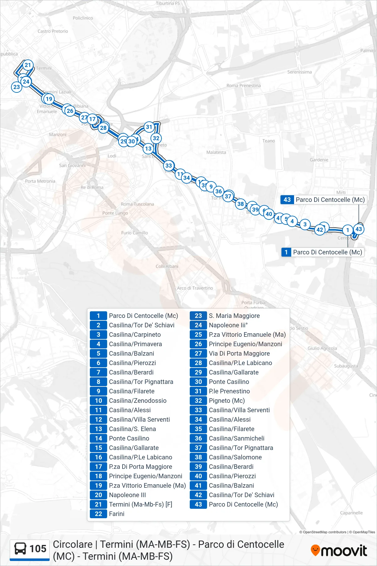 Linea 105 bus (Parco Di Centocelle (Mc)) - Percorsi e fermate sulla mappa