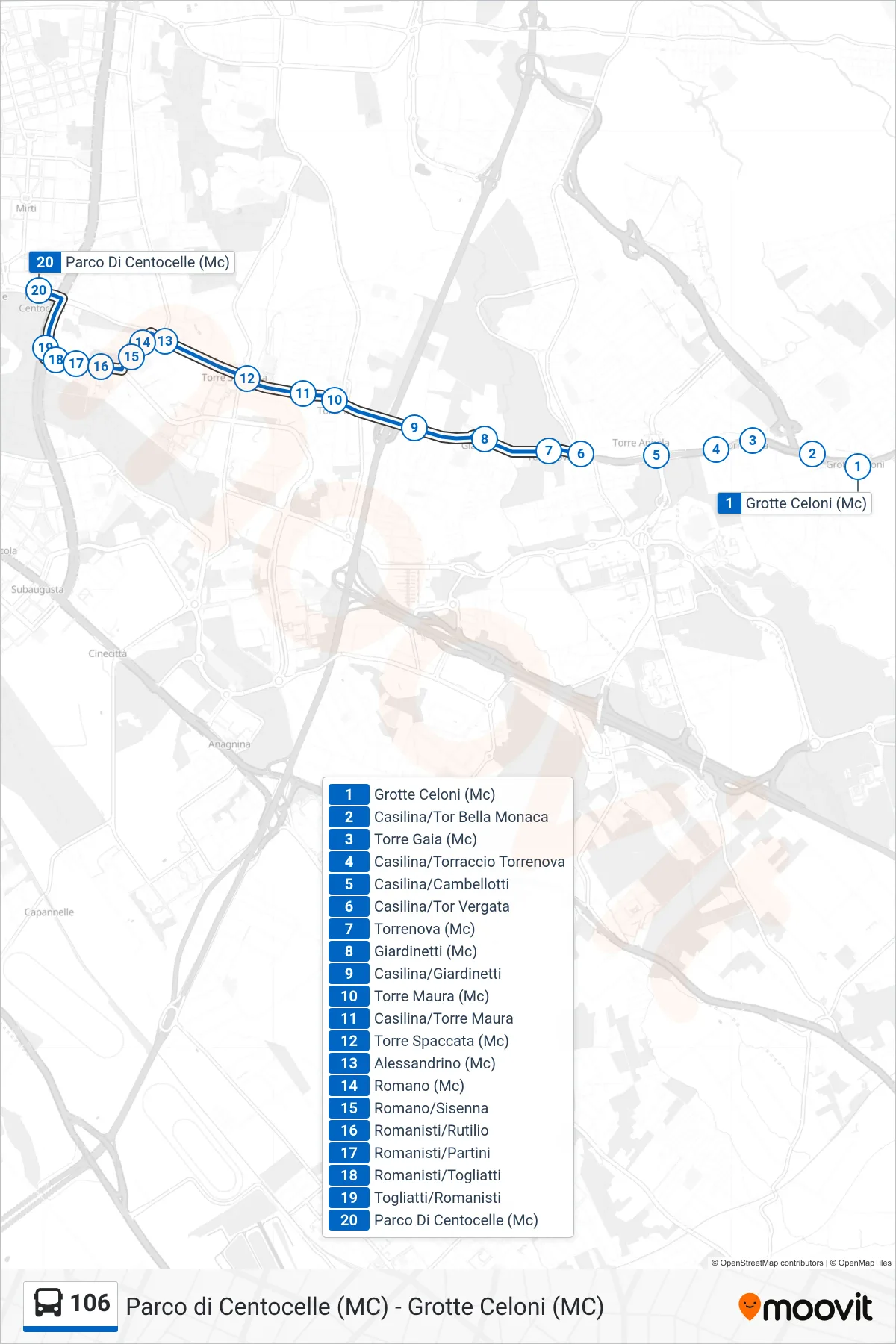 106 bus Line (Parco Di Centocelle (Mc)) route and stops on a map