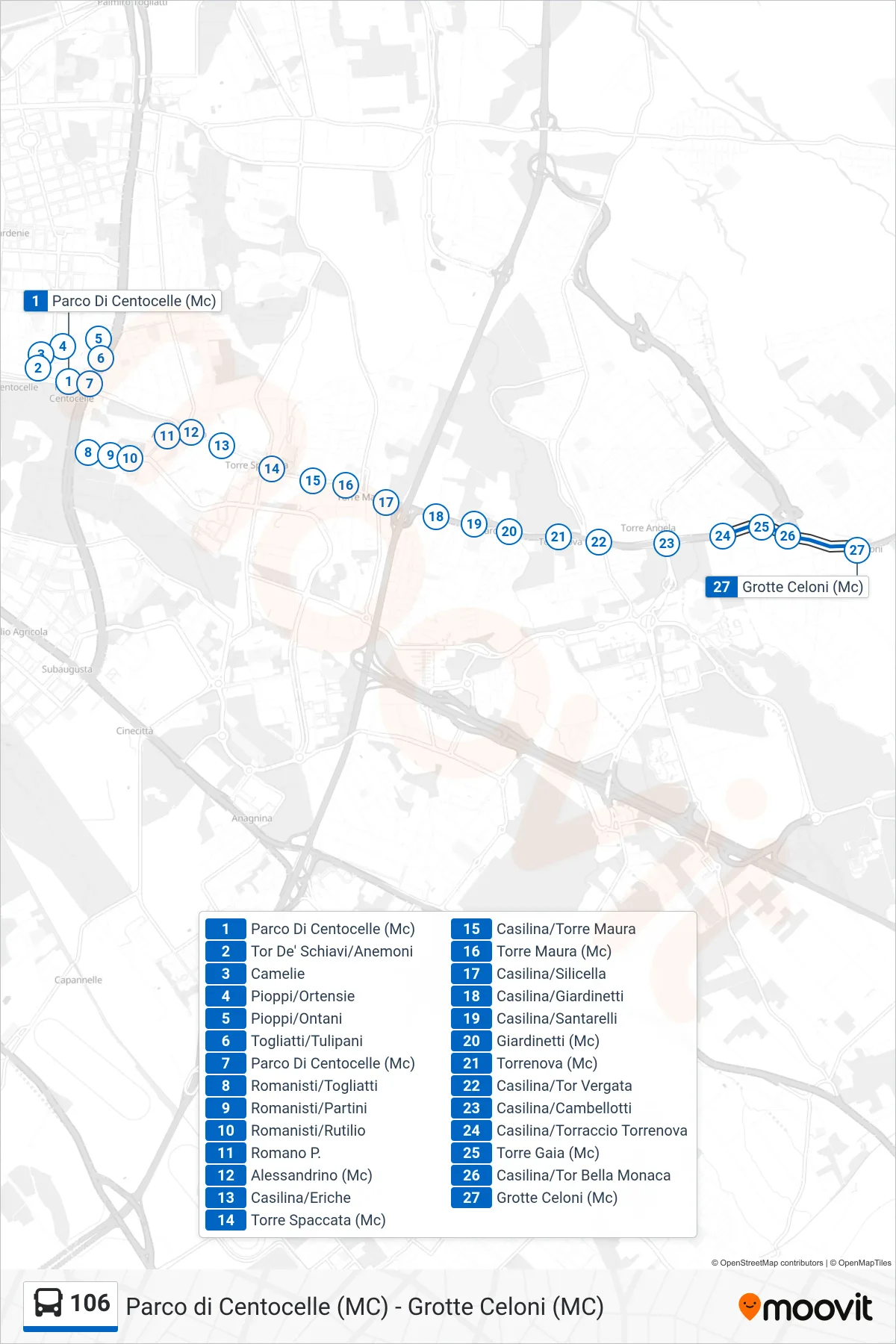 106 bus Line (Grotte Celoni) route and stops on a map