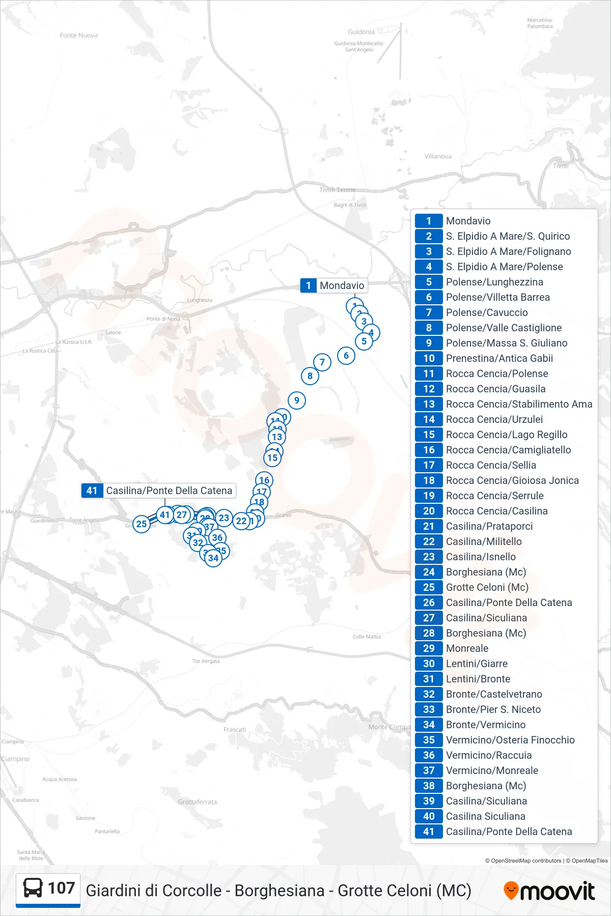 Linea 107 bus (Grotte Celoni (Mc)) - Percorsi e fermate sulla mappa