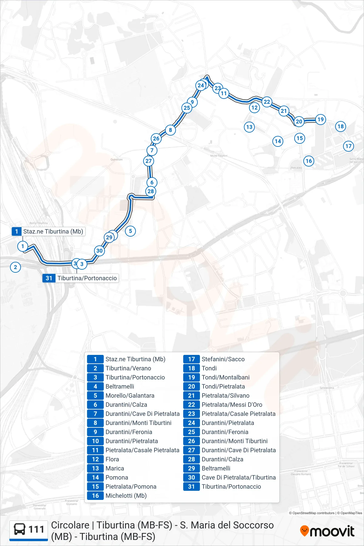 Linea 111 bus (Staz.ne Tiburtina (Mb)) - Percorsi e fermate sulla mappa