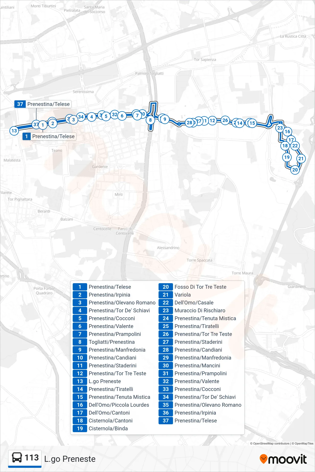 Linea 113 bus (L.go Preneste) - Percorsi e fermate sulla mappa