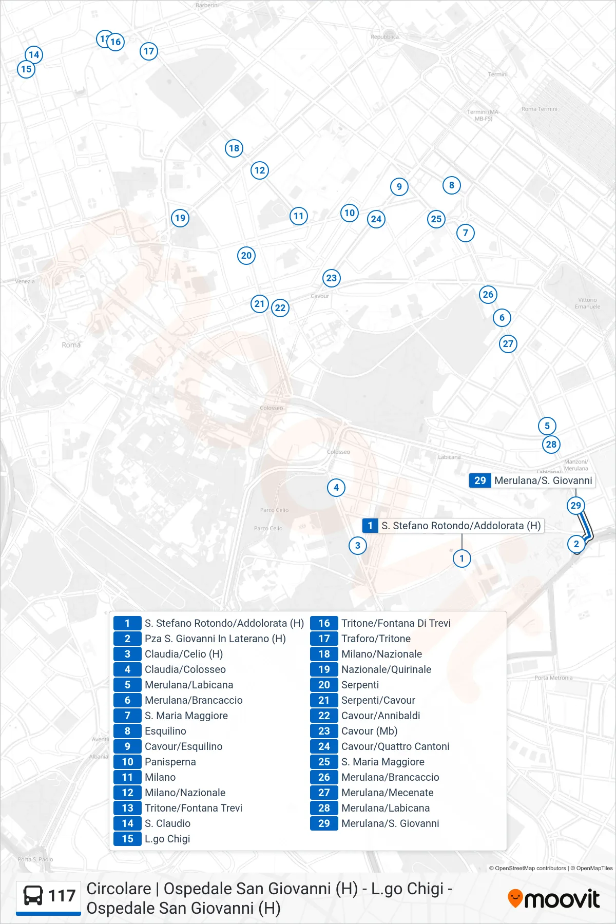 Linea 117 bus (Pza S. Giovanni In Laterano (H)) - Percorsi e fermate sulla mappa
