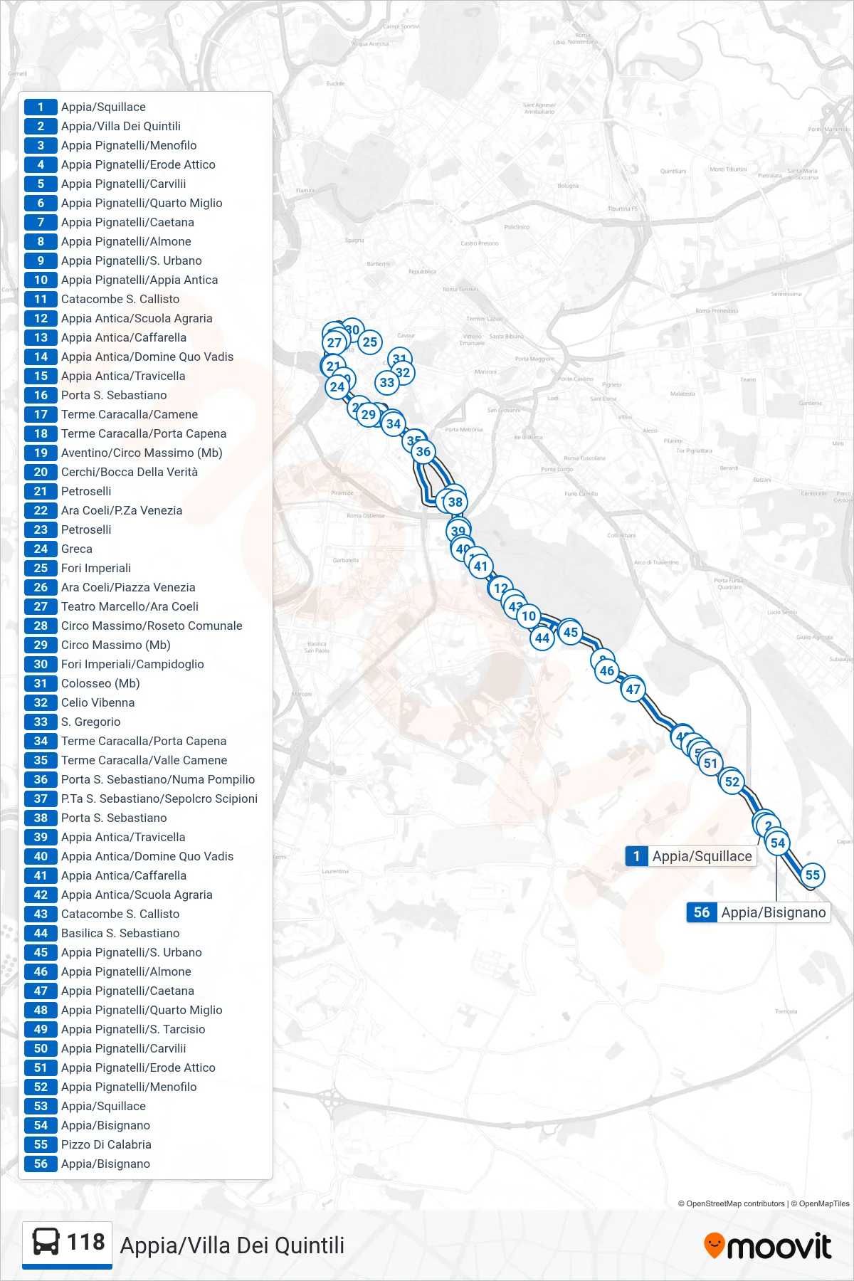 Linea 118 bus (Appia/Villa Dei Quintili) - Percorsi e fermate sulla mappa