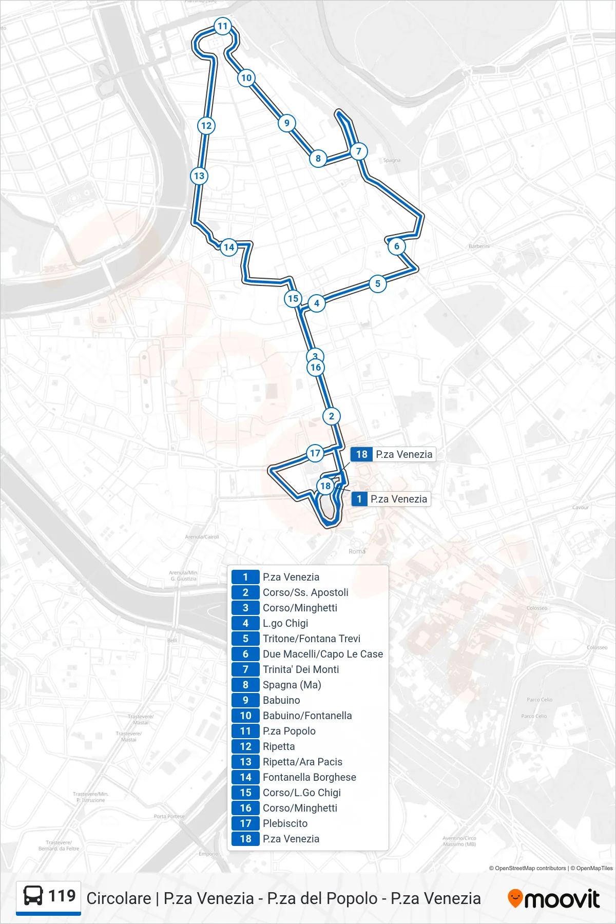 Linea 119 bus (Pza Venezia) - Percorsi e fermate sulla mappa