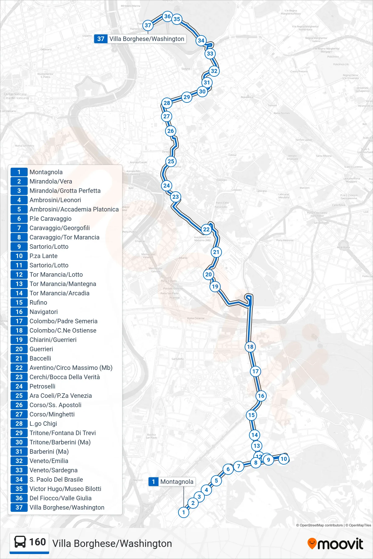 160 bus Line (Villa Borghese/Washington) route and stops on a map