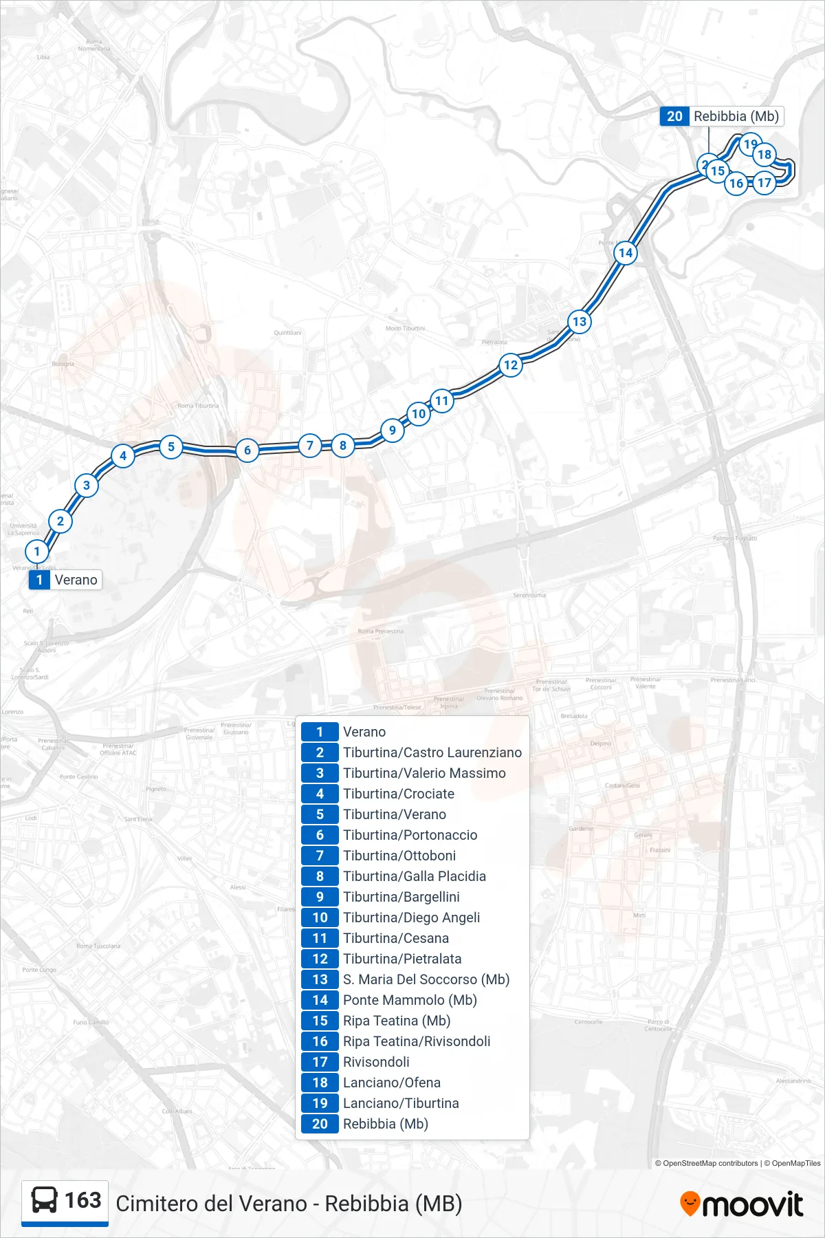 Linea 163 bus (Rebibbia (Mb)) - Percorsi e fermate sulla mappa