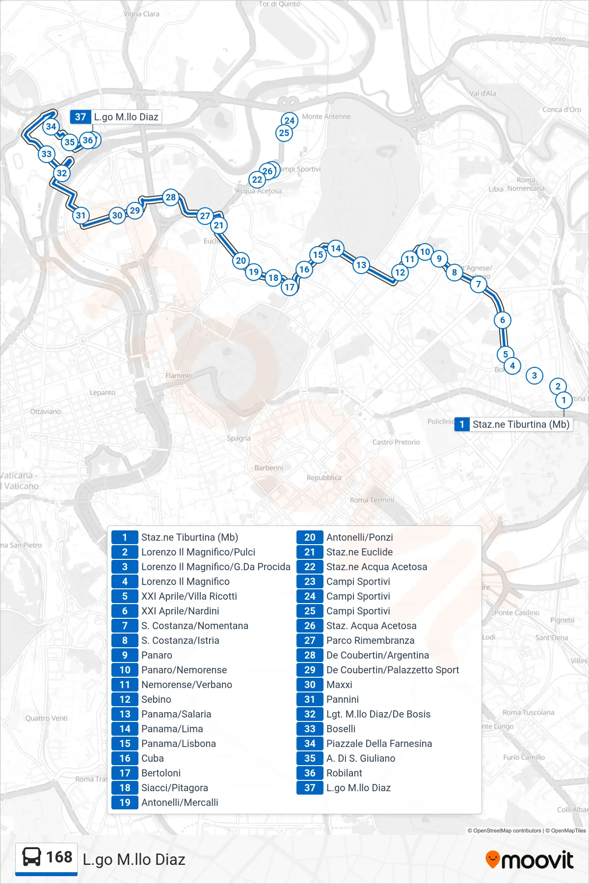 Linea 168 bus (L.go M.llo Diaz) - Percorsi e fermate sulla mappa