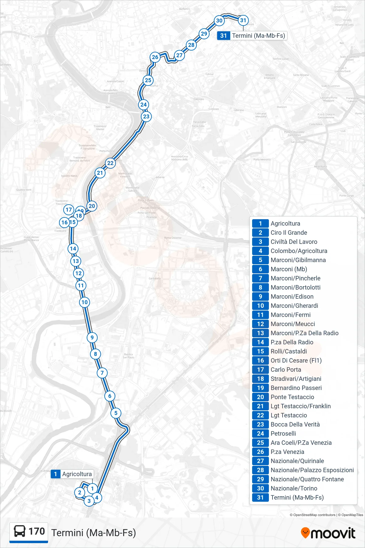 Linea 170 bus (Termini (Ma-Mb-Fs)) - Percorsi e fermate sulla mappa