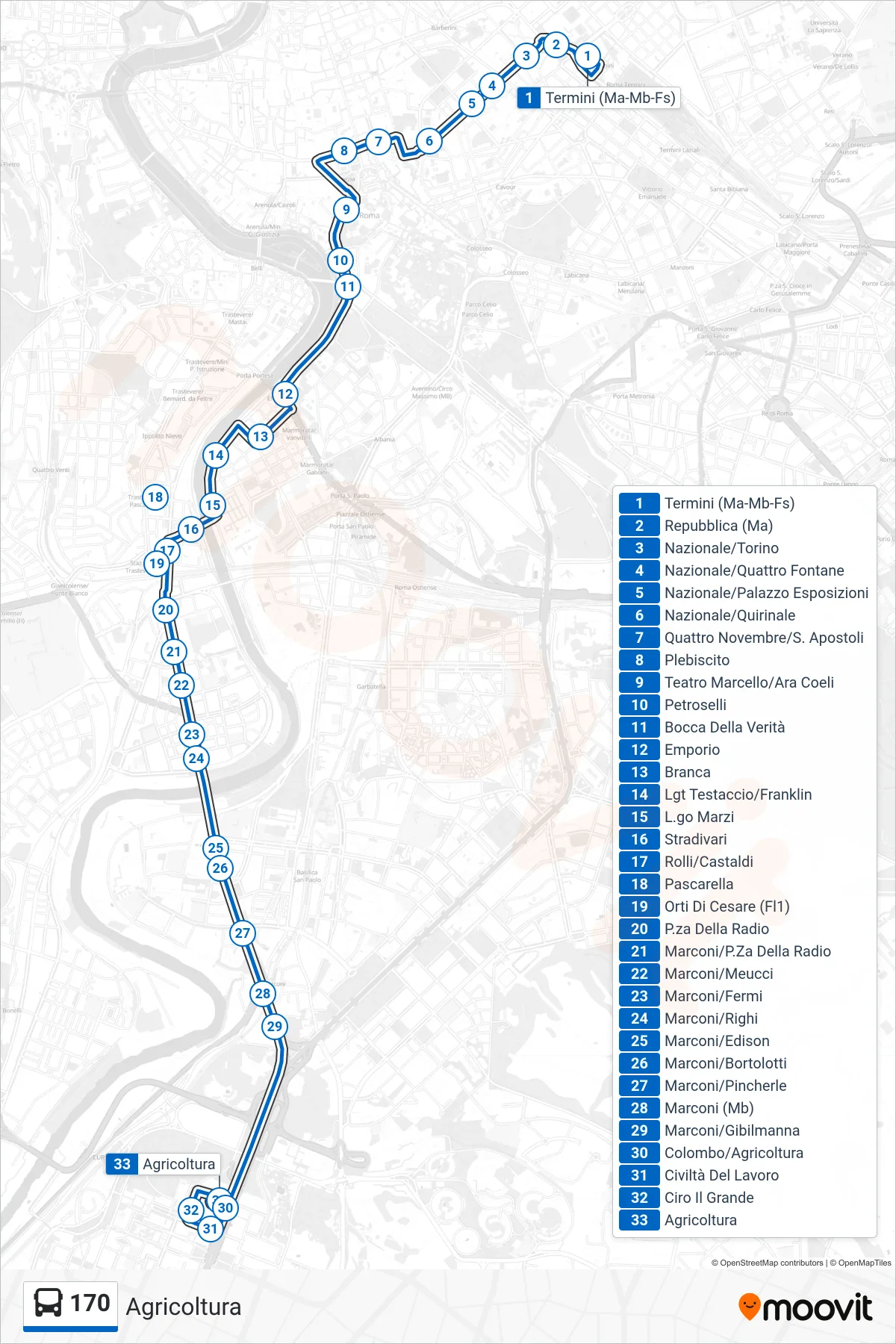 Linea 170 bus (Agricoltura) - Percorsi e fermate sulla mappa