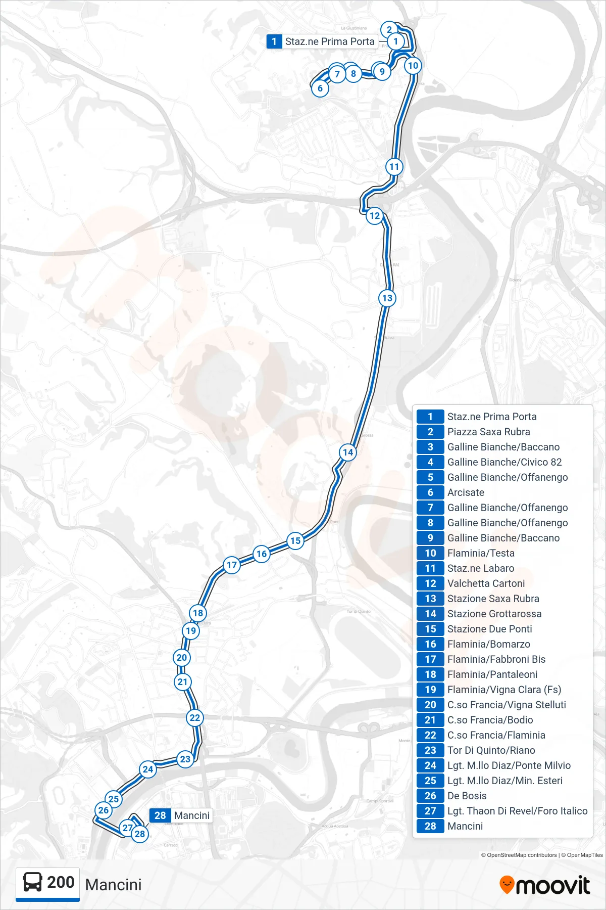200 bus Line (Mancini) route and stops on a map