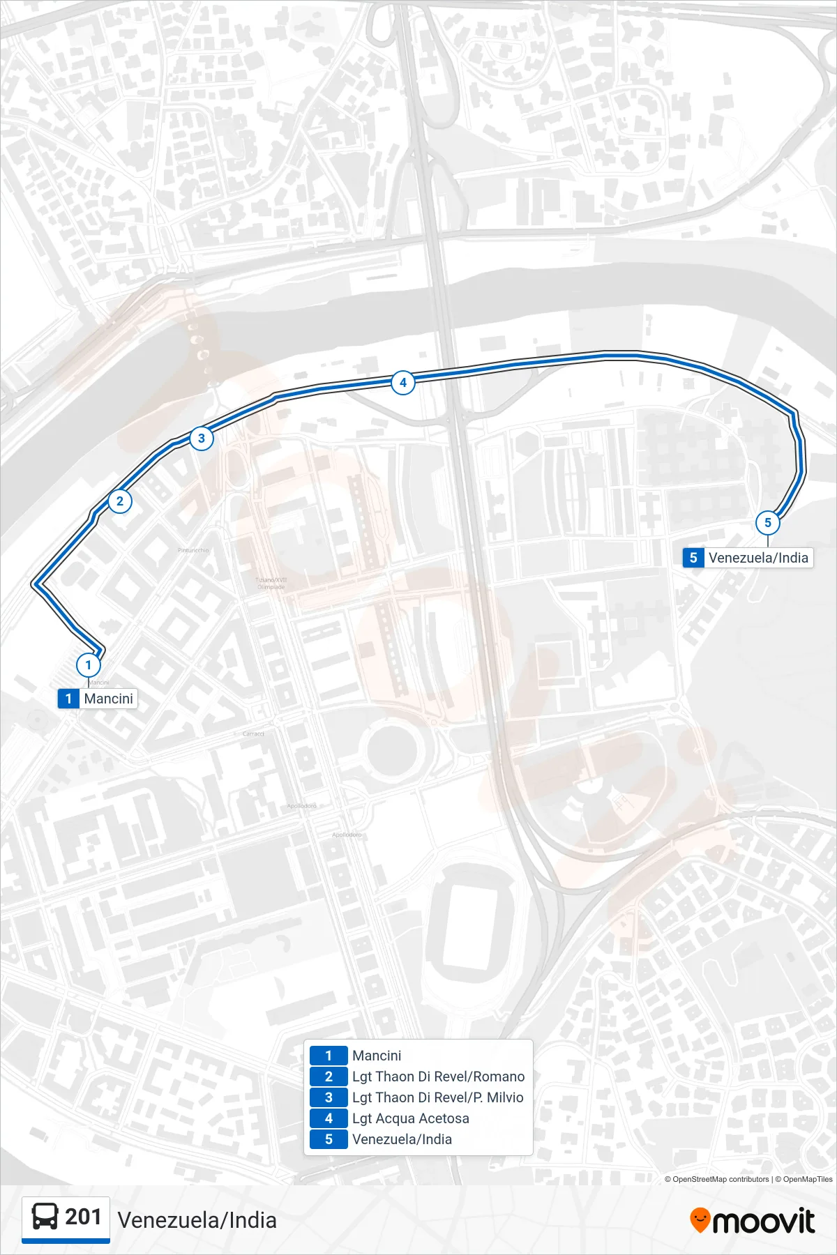 201 bus Line (Venezuela/India) route and stops on a map