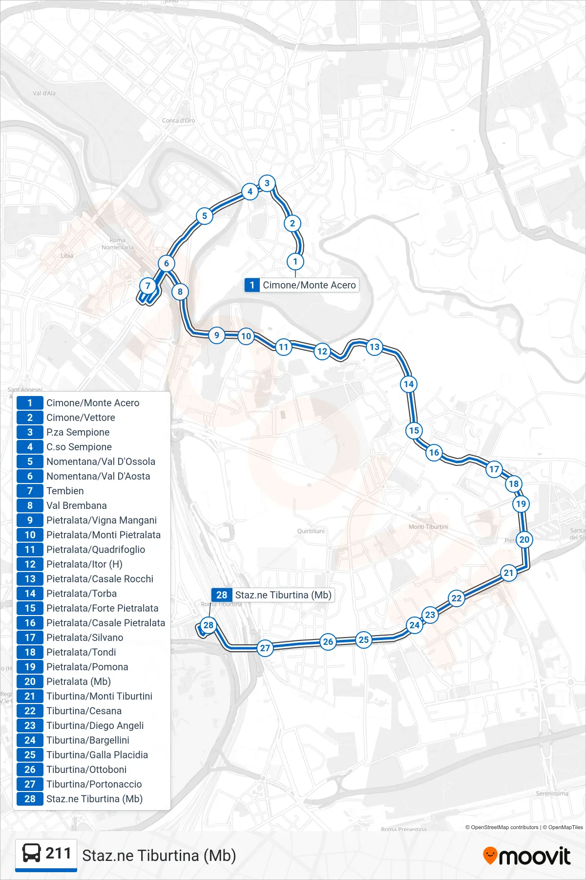 211 bus Line (Tiburtina Station (Metro B)) route and stops on a map