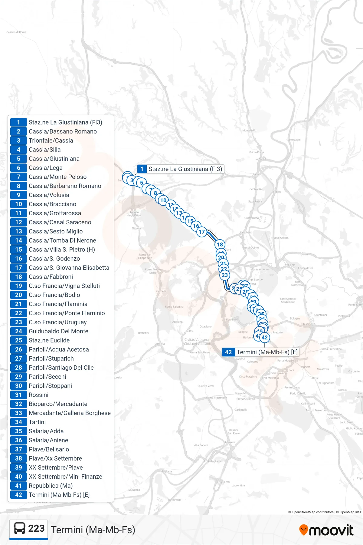 223 bus Line (Termini (Metro A-Metro B-Railway)) route and stops on a map