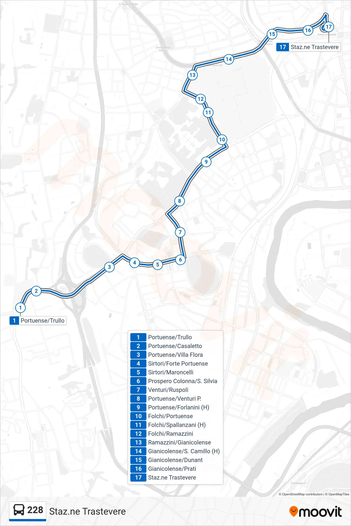 Linea 228  bus (Staz.ne Trastevere) - Percorsi e fermate sulla mappa