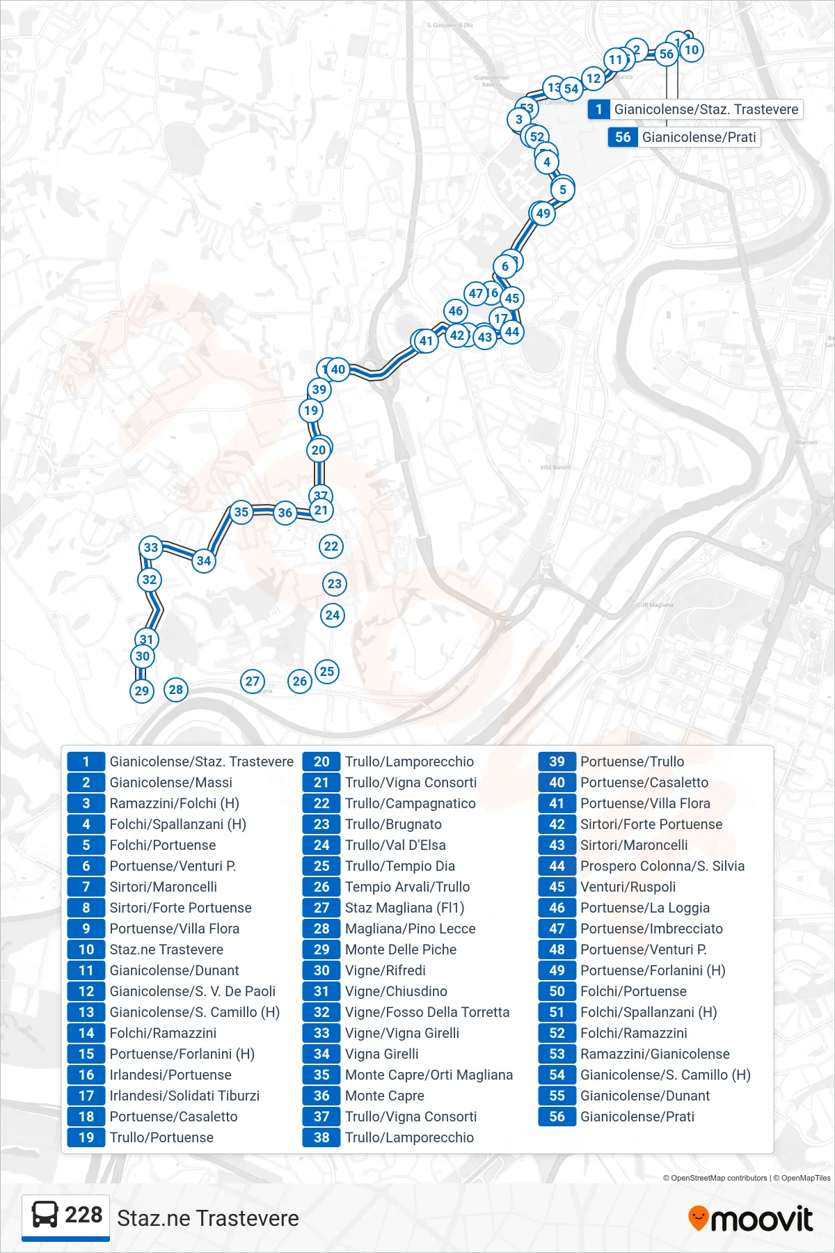 Linea 228 bus (Staz.ne Trastevere) - Percorsi e fermate sulla mappa