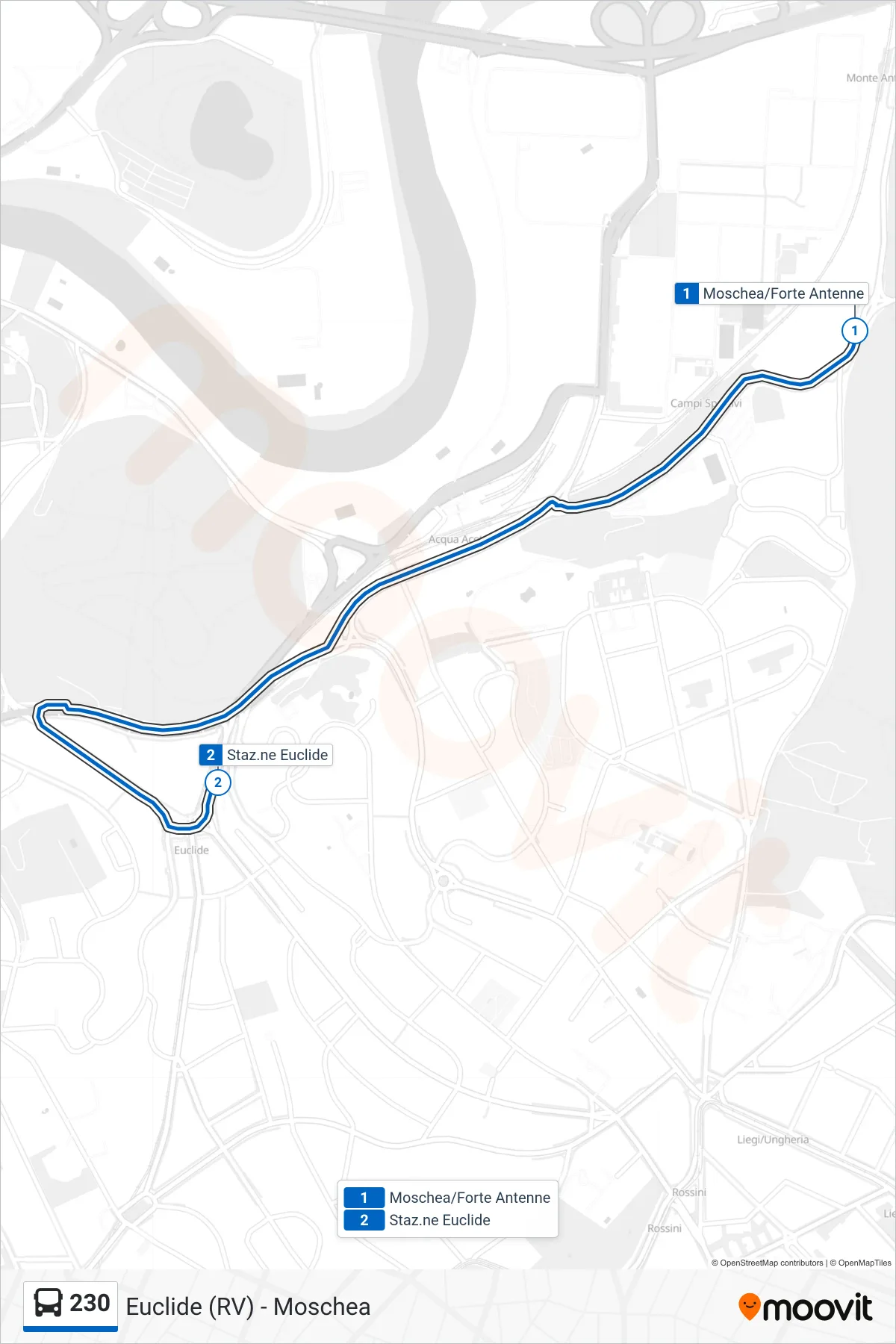230 bus Line (Sacred Heart of Mary/Euclide) route and stops on a map