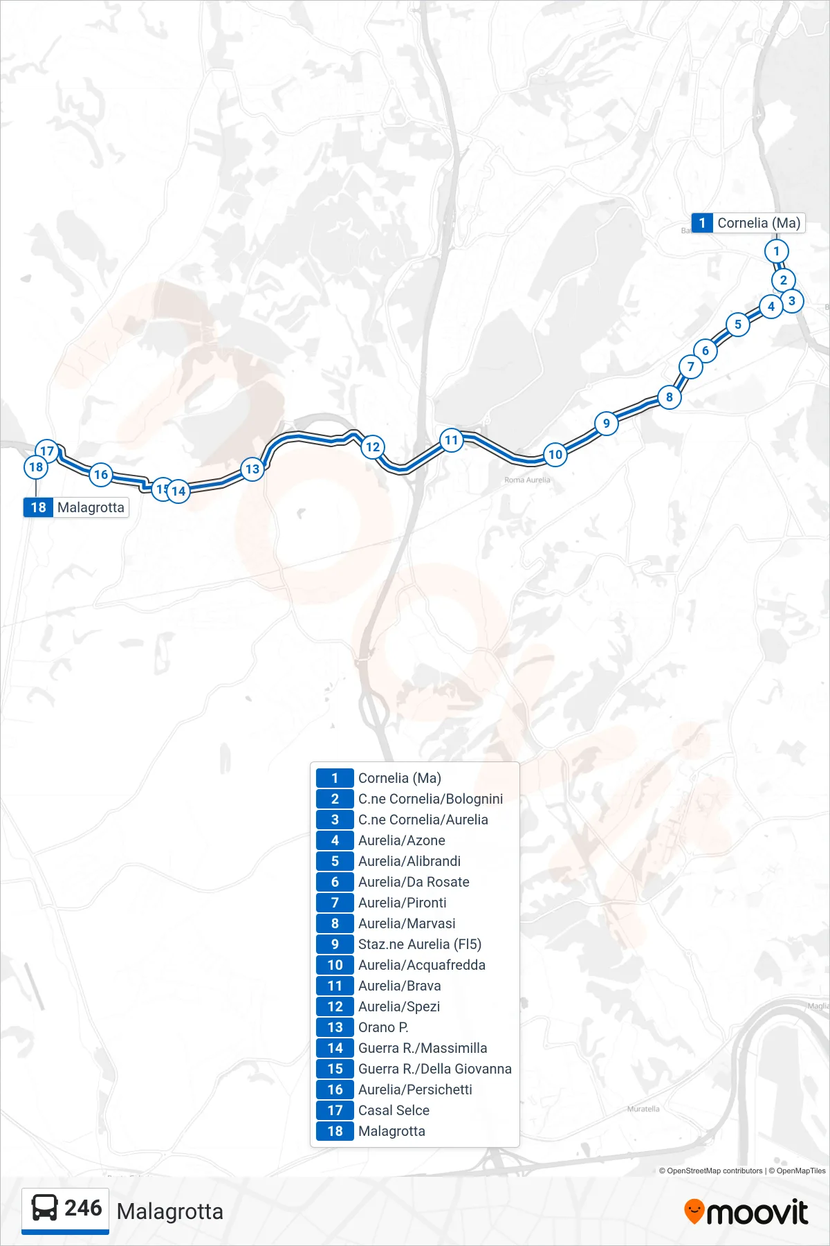 246 bus Line (Malagrotta) route and stops on a map