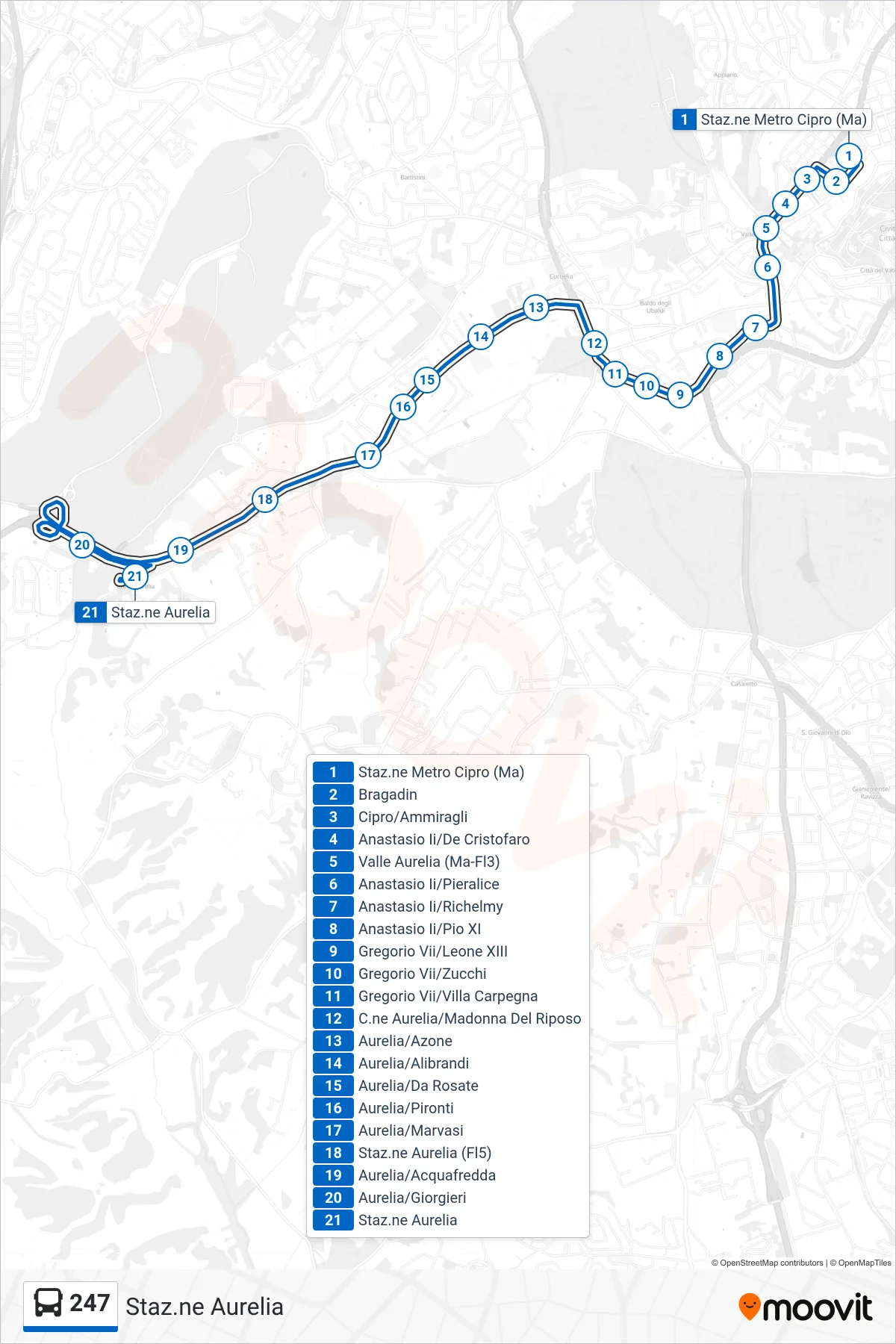 Linea 247 bus (Staz.ne Aurelia) - Percorsi e fermate sulla mappa