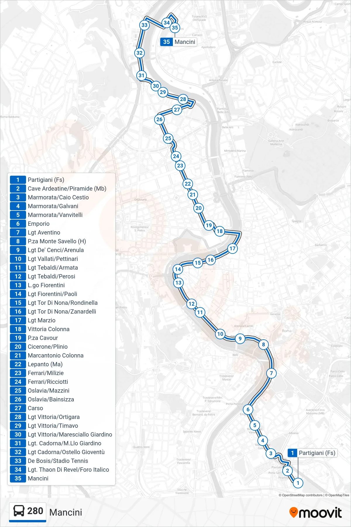 Linea 280 bus (Mancini) - Percorsi e fermate sulla mappa