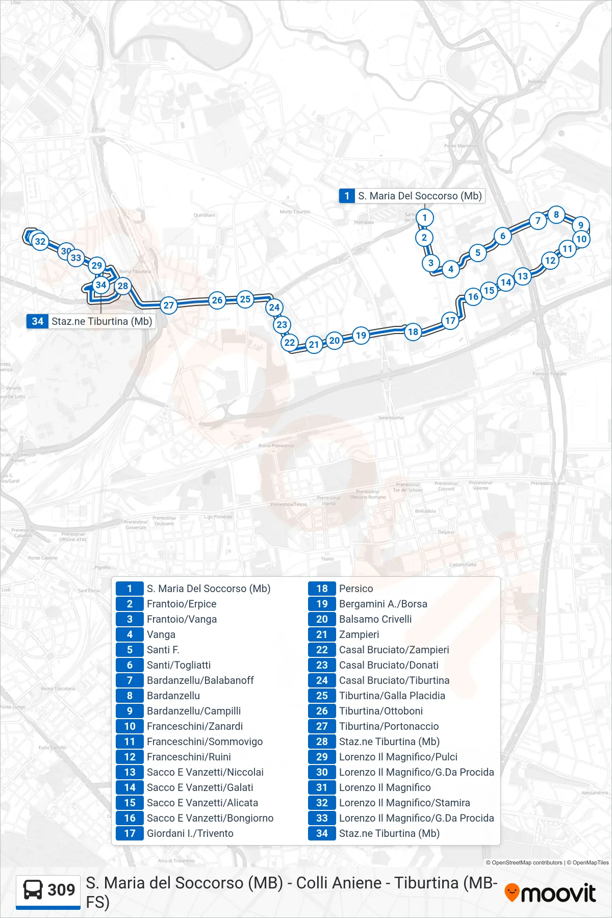 Linea 309 bus (Staz.ne Tiburtina (Mb)) - Percorsi e fermate sulla mappa