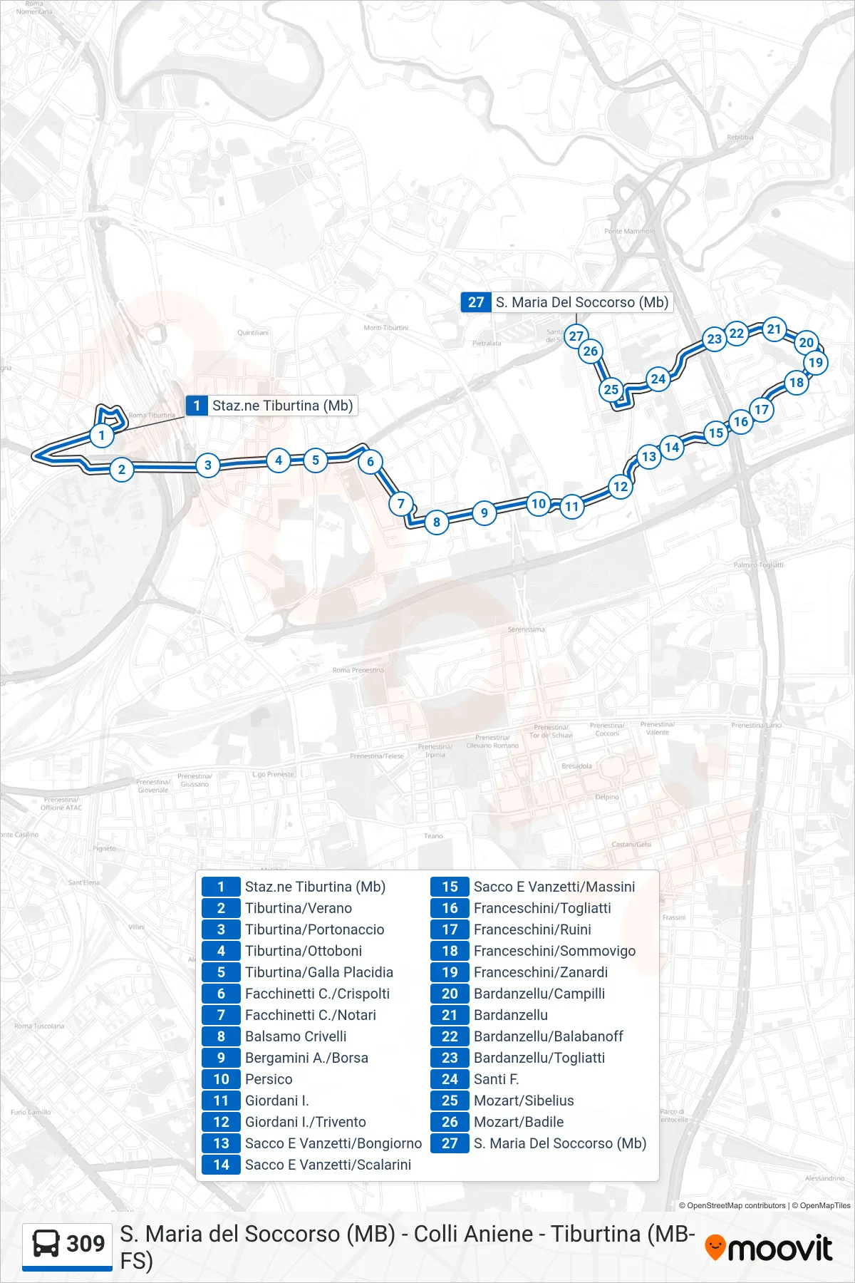 309 bus Line (Santa Maria Del Soccorso (MB)) route and stops on a map