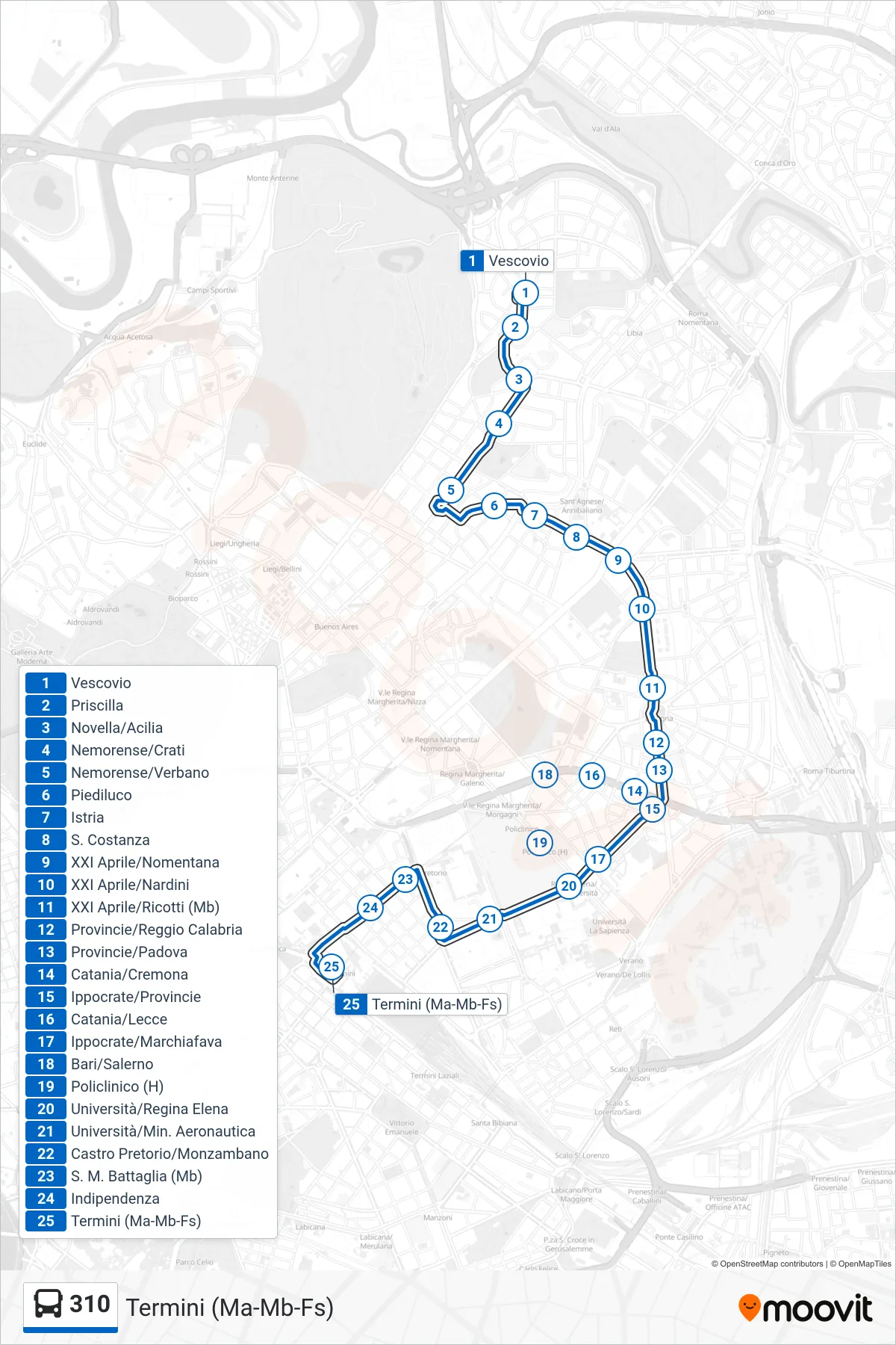 Linea 310 bus (Termini (Ma-Mb-Fs)) - Percorsi e fermate sulla mappa