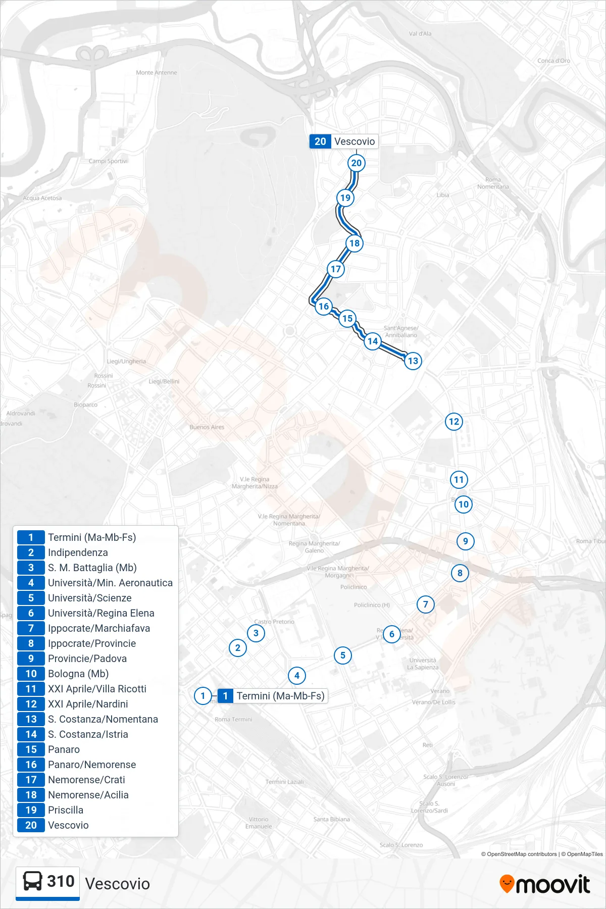 Linea 310 bus (Vescovio) - Percorsi e fermate sulla mappa