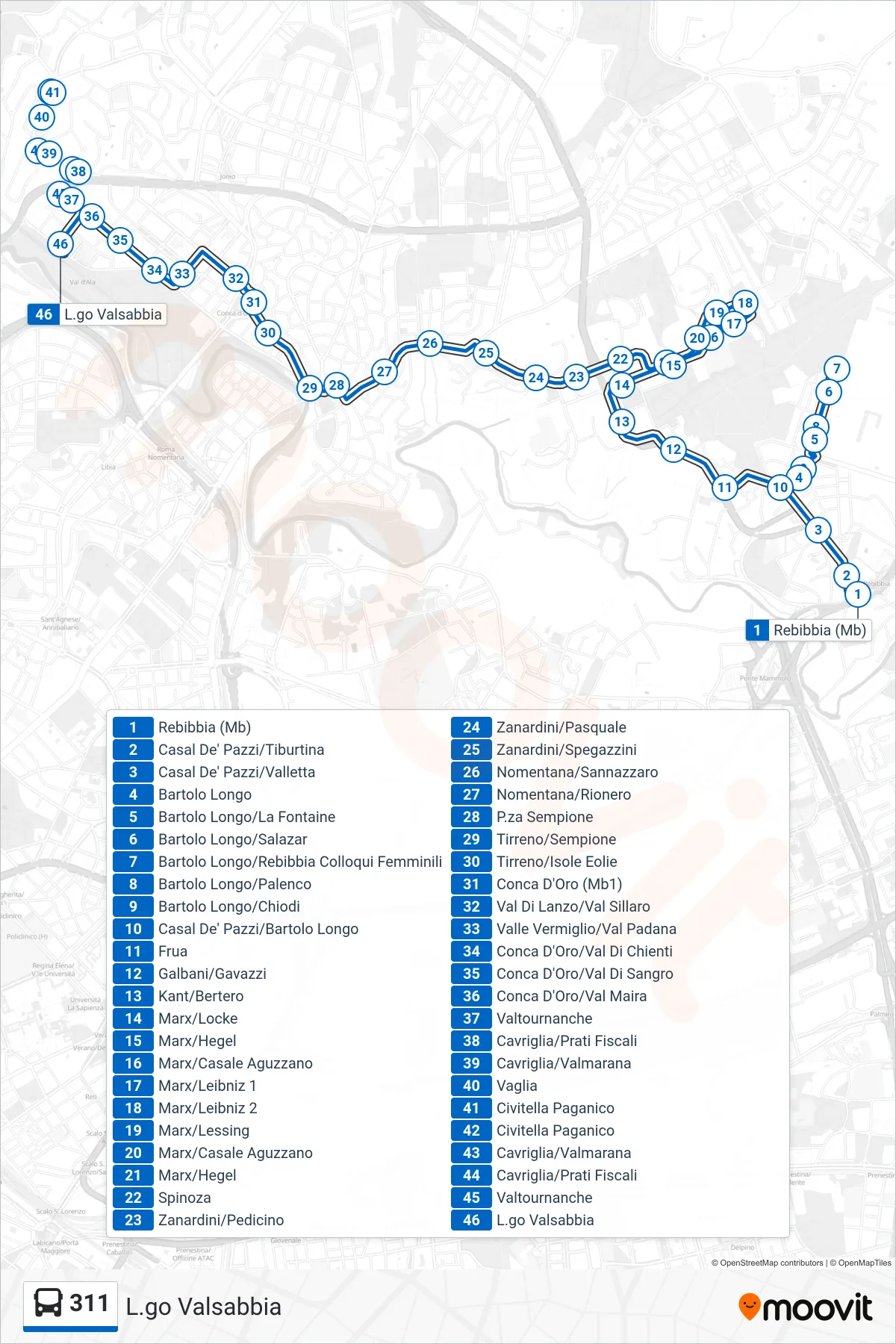 311 bus Line (Valsabbia Square) route and stops on a map