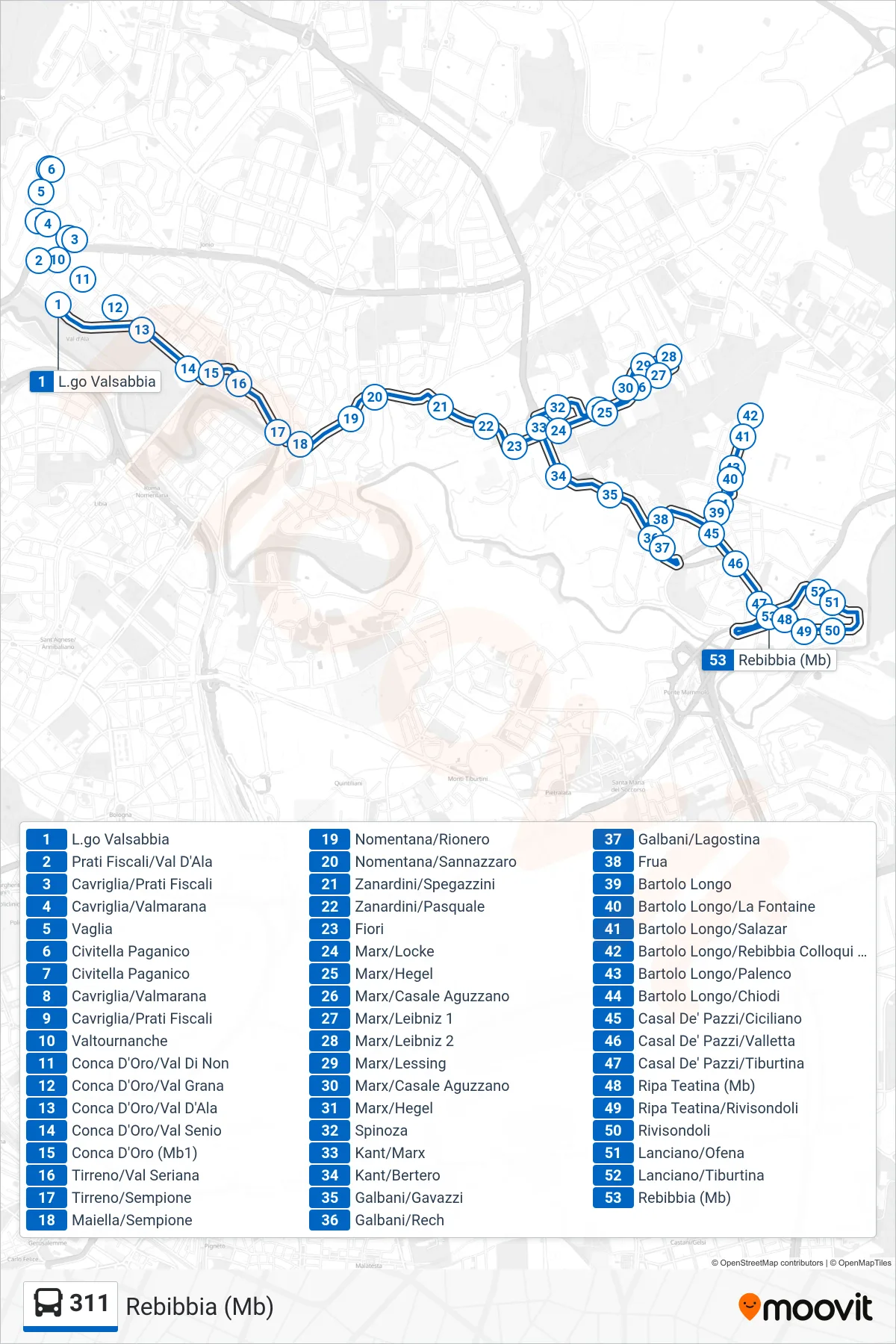 Linea 311 bus (Rebibbia (Mb)) - Percorsi e fermate sulla mappa