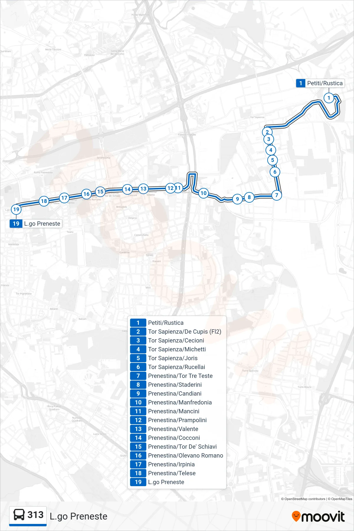 Linea 313  bus (L.go Preneste) - Percorsi e fermate sulla mappa