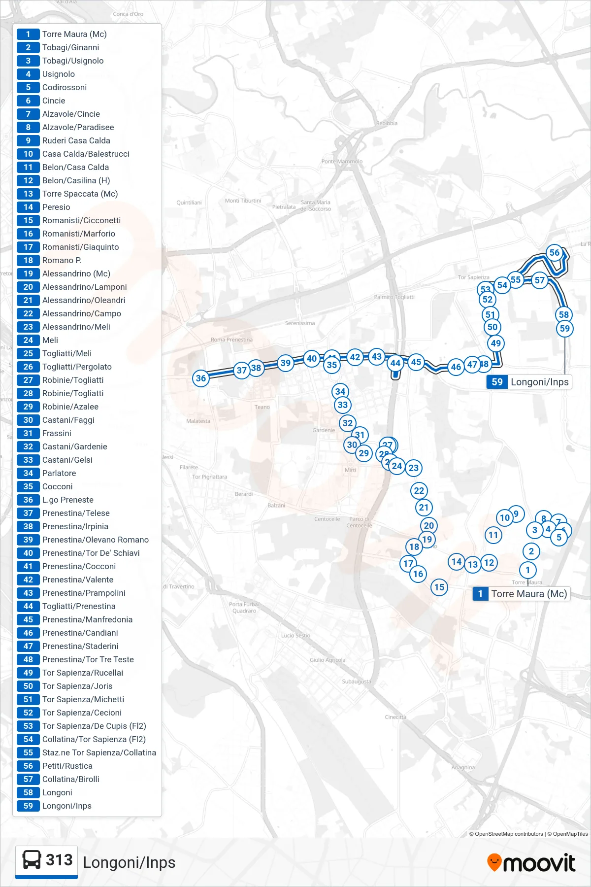 Linea 313 bus (Longoni/Inps) - Percorsi e fermate sulla mappa