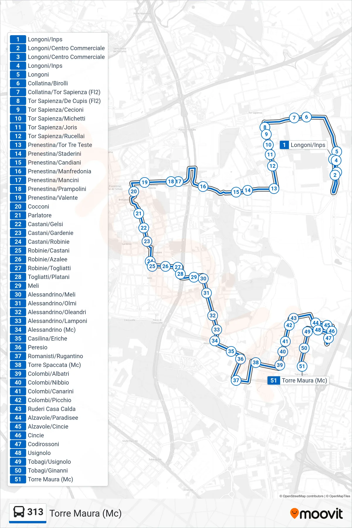Linea 313 bus (Torre Maura (Mc)) - Percorsi e fermate sulla mappa