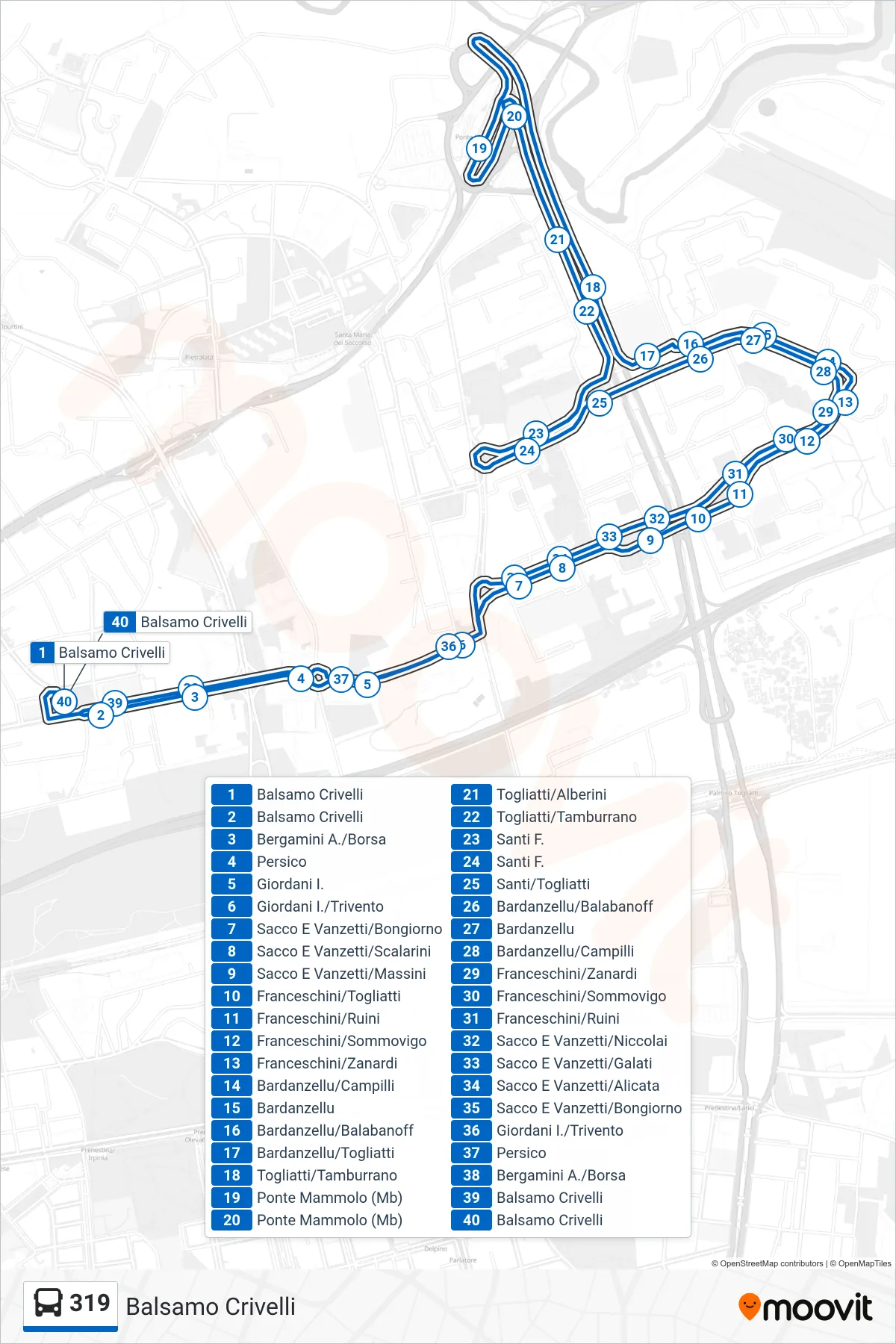 Linea 319  bus (Balsamo Crivelli) - Percorsi e fermate sulla mappa