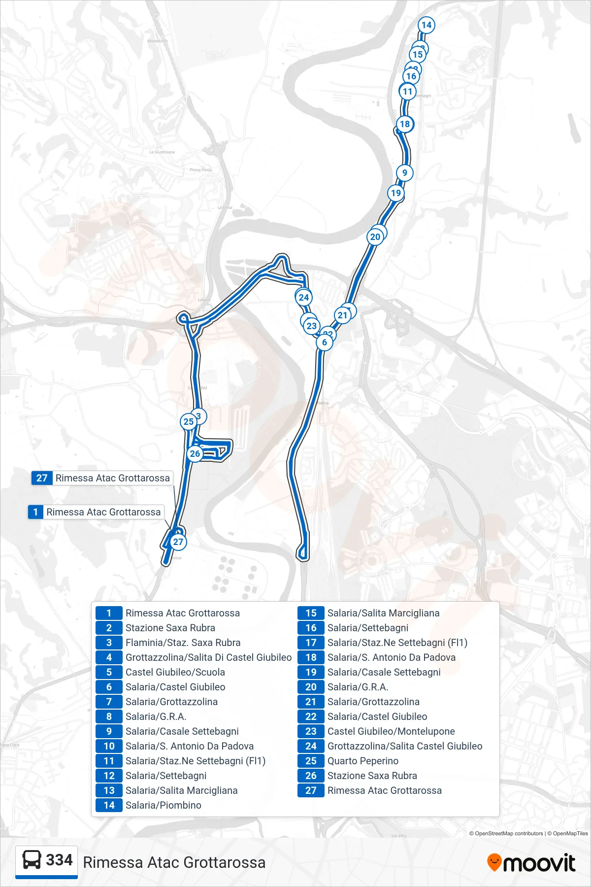 Linea 334 bus (Rimessa Atac Grottarossa) - Percorsi e fermate sulla mappa