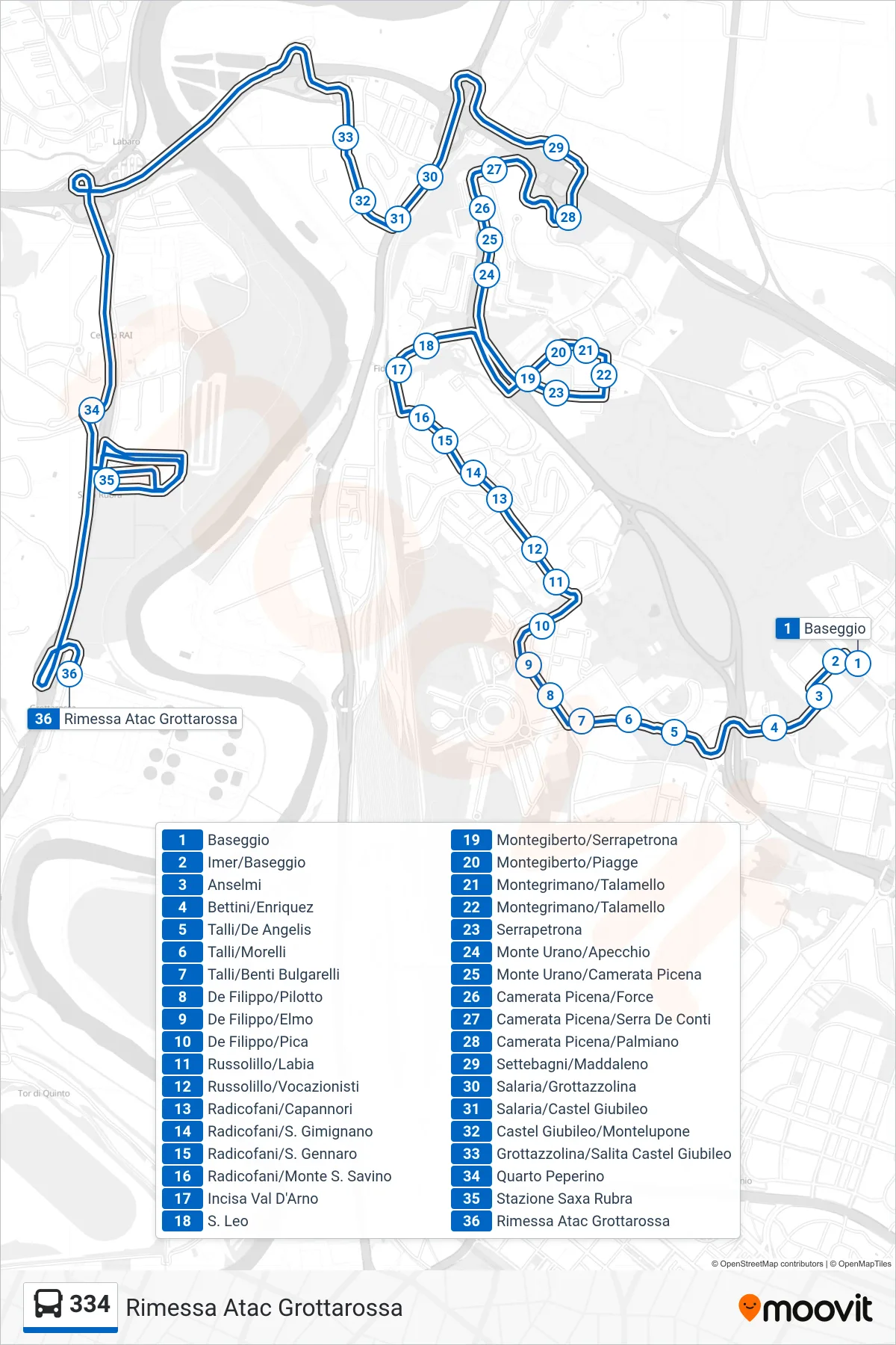 Linea 334 bus (Rimessa Atac Grottarossa) - Percorsi e fermate sulla mappa