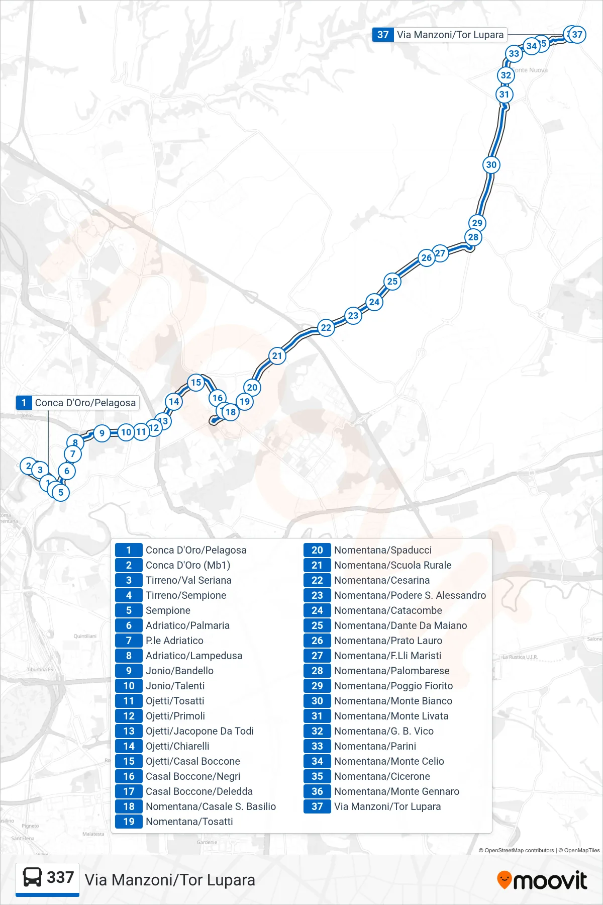 Linea 337 bus (Via Manzoni/Tor Lupara) - Percorsi e fermate sulla mappa