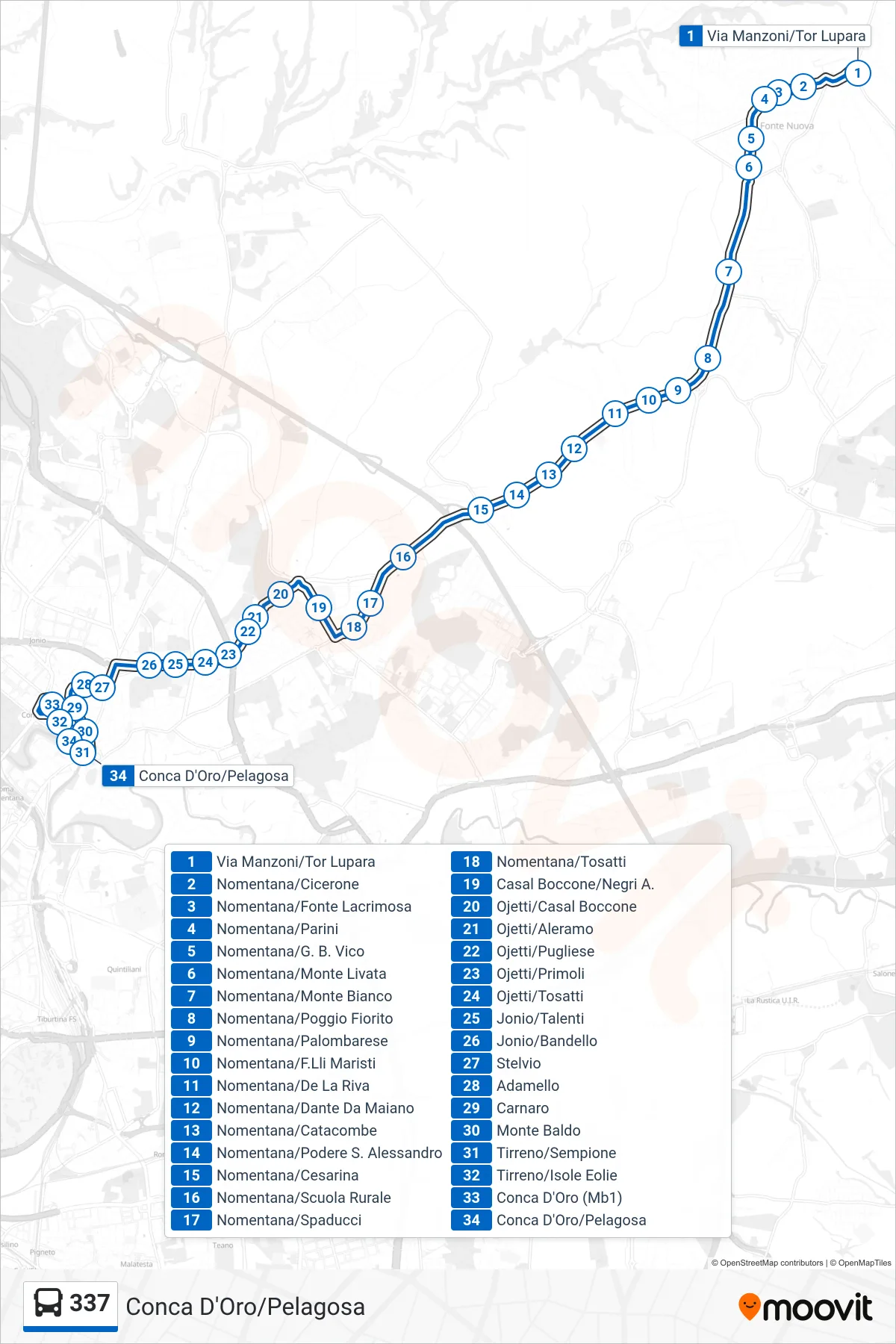 Linea 337 bus (Conca D'Oro/Pelagosa) - Percorsi e fermate sulla mappa