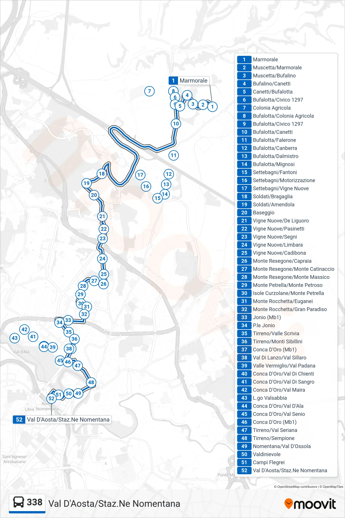 Linea 338 bus (Val D'Aosta/Staz.Ne Nomentana) - Percorsi e fermate sulla mappa