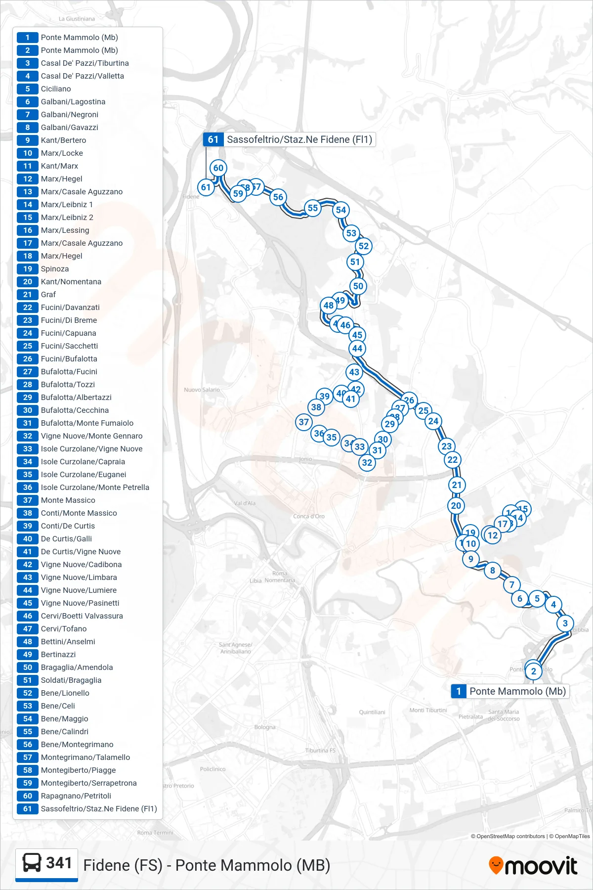 Linea 341 bus (Sassofeltrio/Staz.Ne Fidene (Fl1)) - Percorsi e fermate sulla mappa