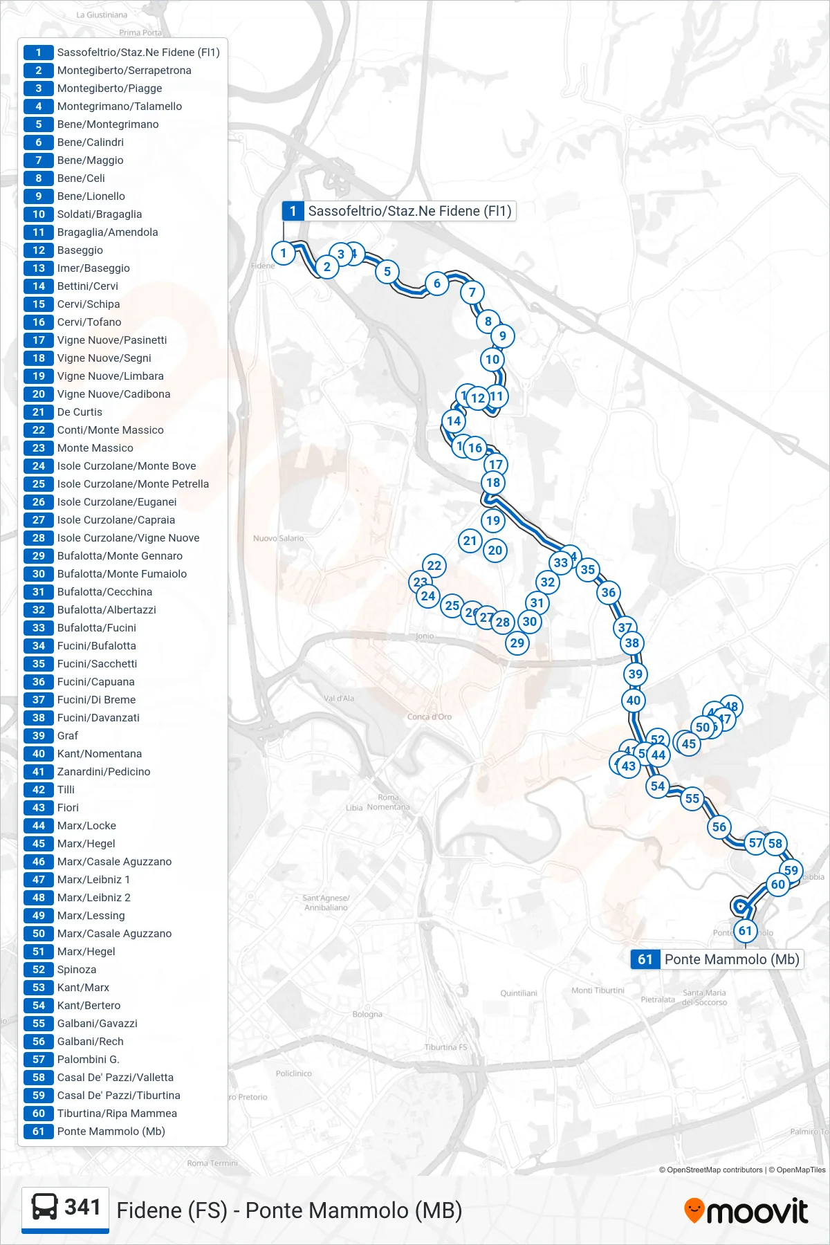 Linea 341 bus (Ponte Mammolo (Mb)) - Percorsi e fermate sulla mappa