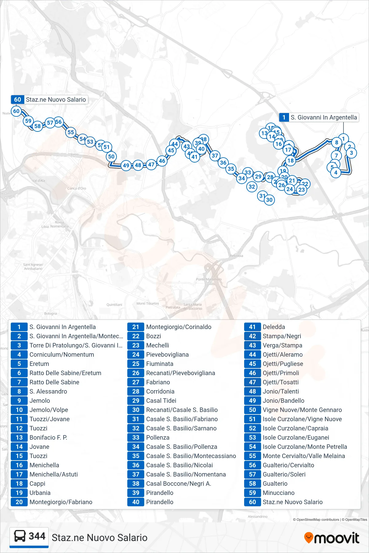 Linea 344  bus (Staz.ne Nuovo Salario) - Percorsi e fermate sulla mappa