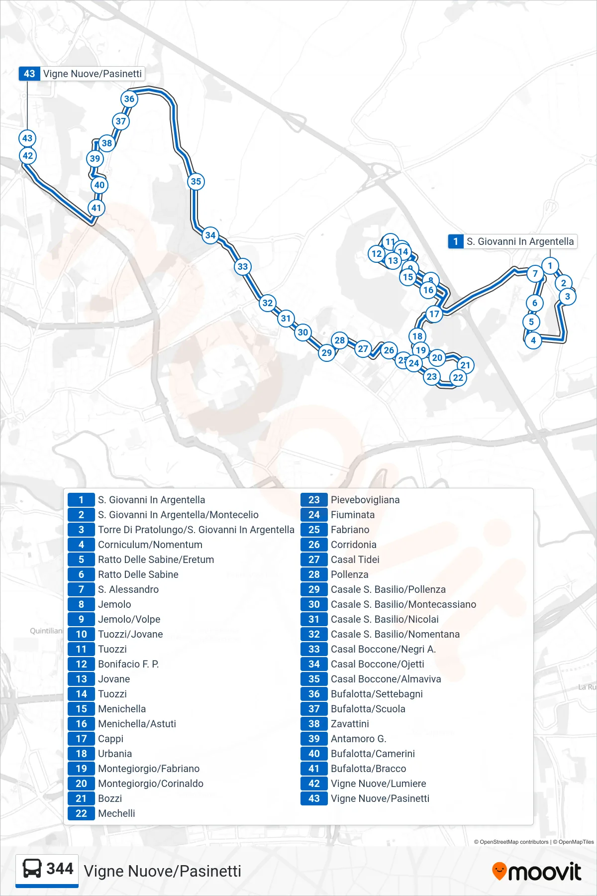 344 bus Line (Vigne Nuove/Pasinetti) route and stops on a map