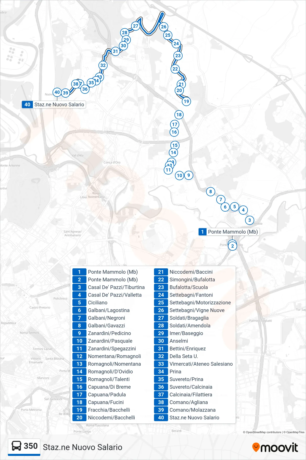 Linea 350 bus (Staz.ne Nuovo Salario) - Percorsi e fermate sulla mappa