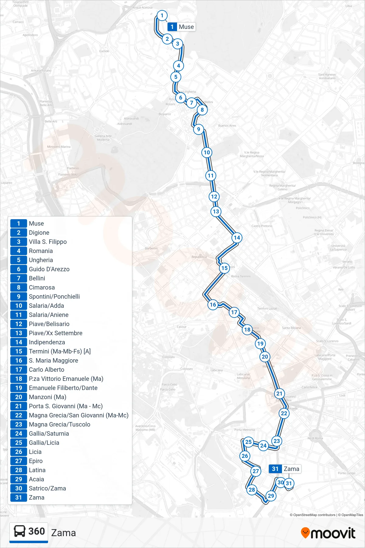 Linea 360 bus (Zama) - Percorsi e fermate sulla mappa