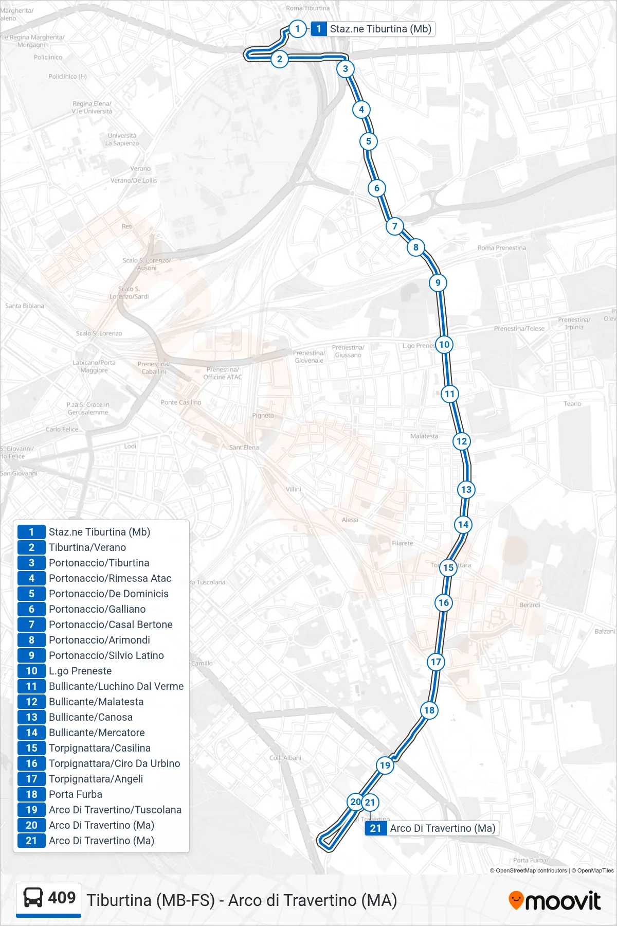 Linea 409  bus (Arco Di Travertino (Ma)) - Percorsi e fermate sulla mappa