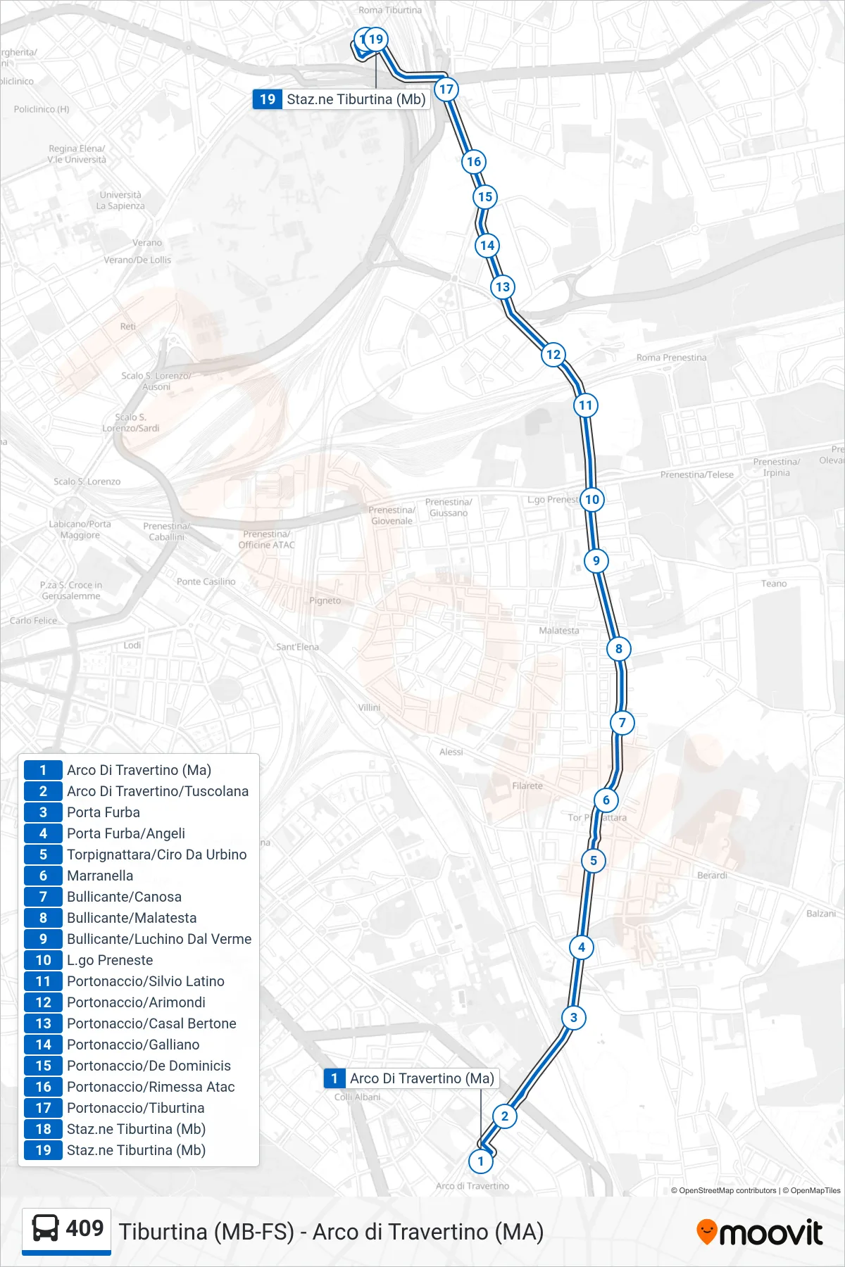 Linea 409 bus (Staz.ne Tiburtina (Mb)) - Percorsi e fermate sulla mappa