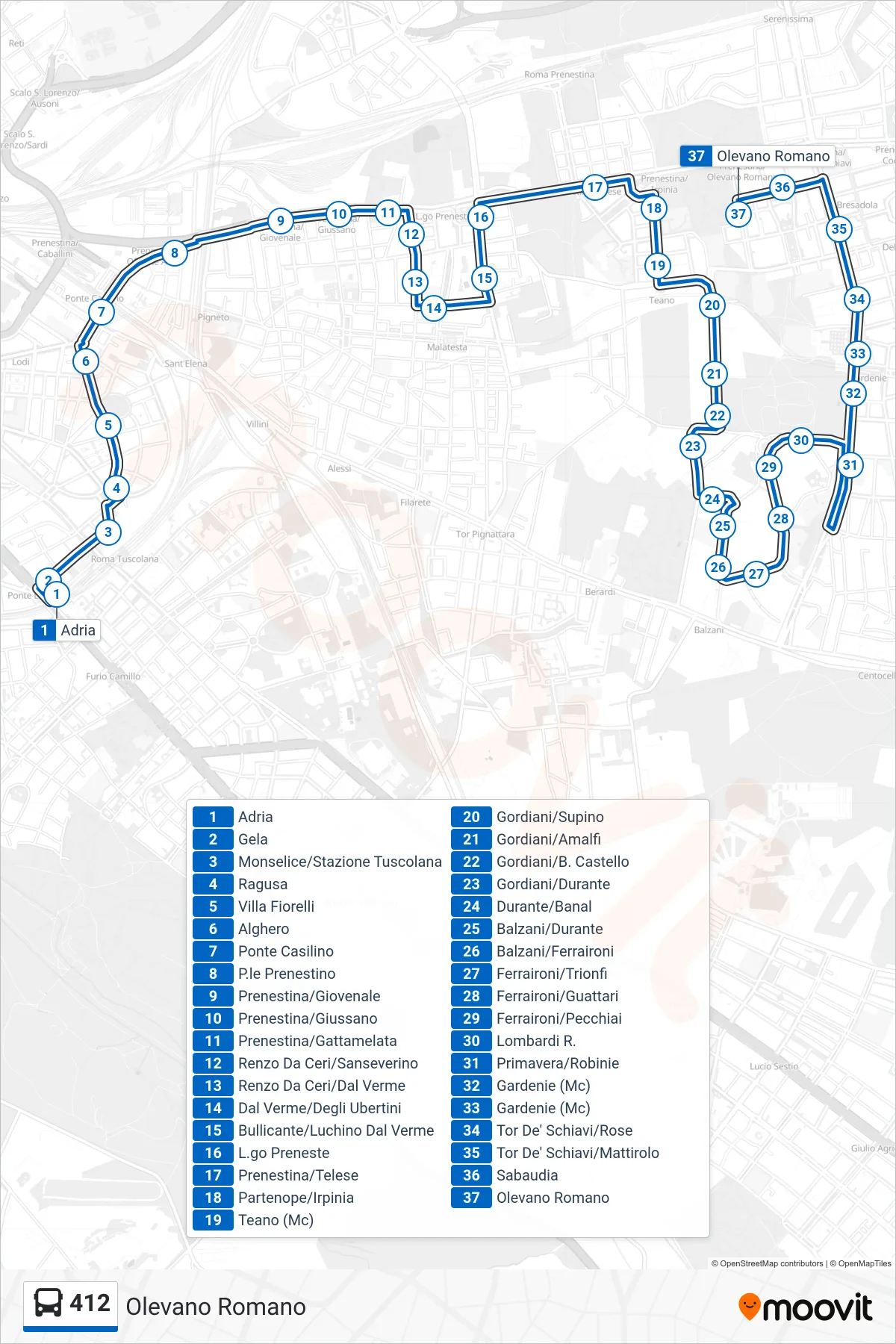 Linea 412 bus (Olevano Romano) - Percorsi e fermate sulla mappa